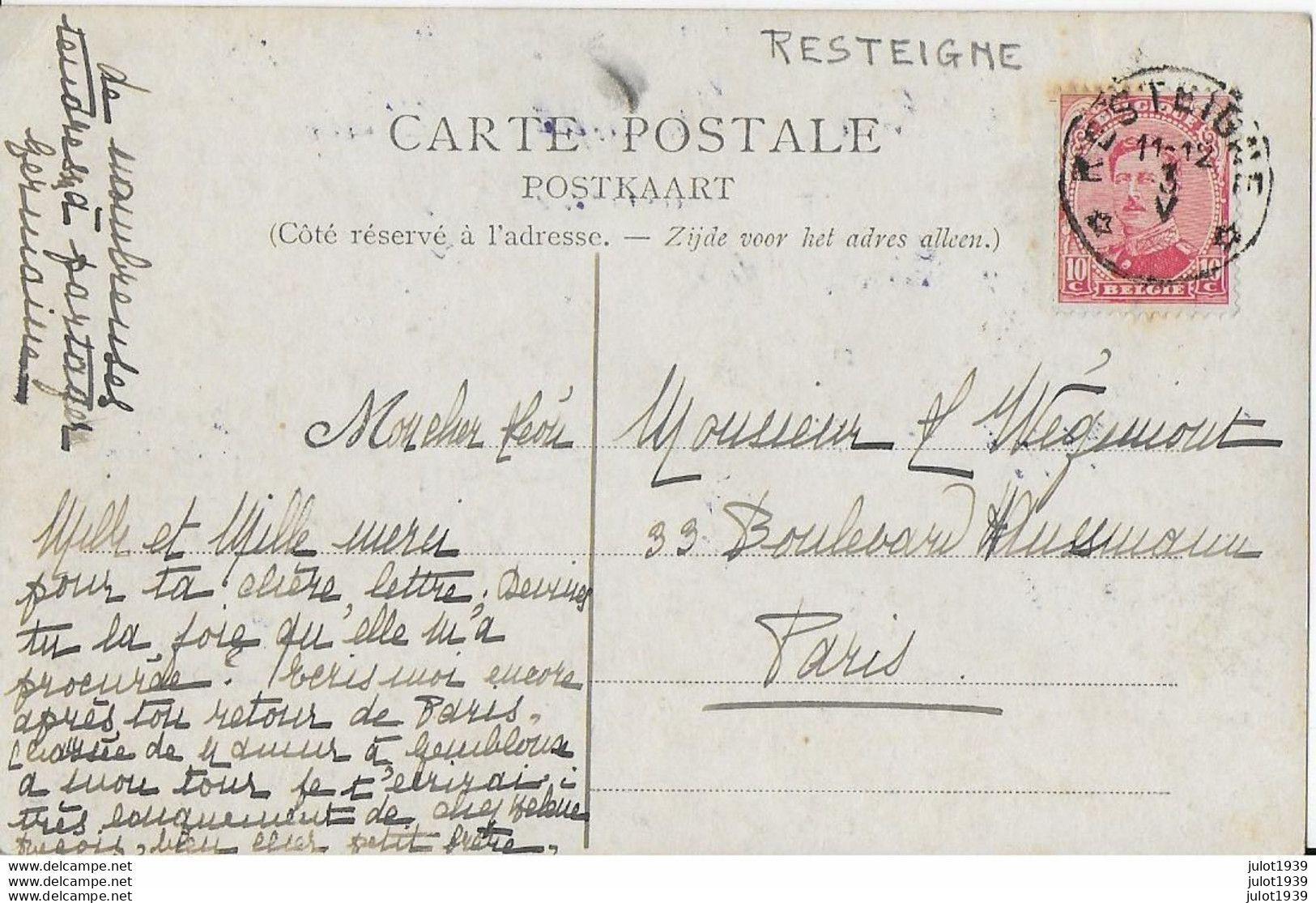 RESTEIGNE ..-- RARE CHATEAU . Vers PARIS ( Mr Léon WEGIMONT ) . Très Beau CACHET à étoiles . - Tellin