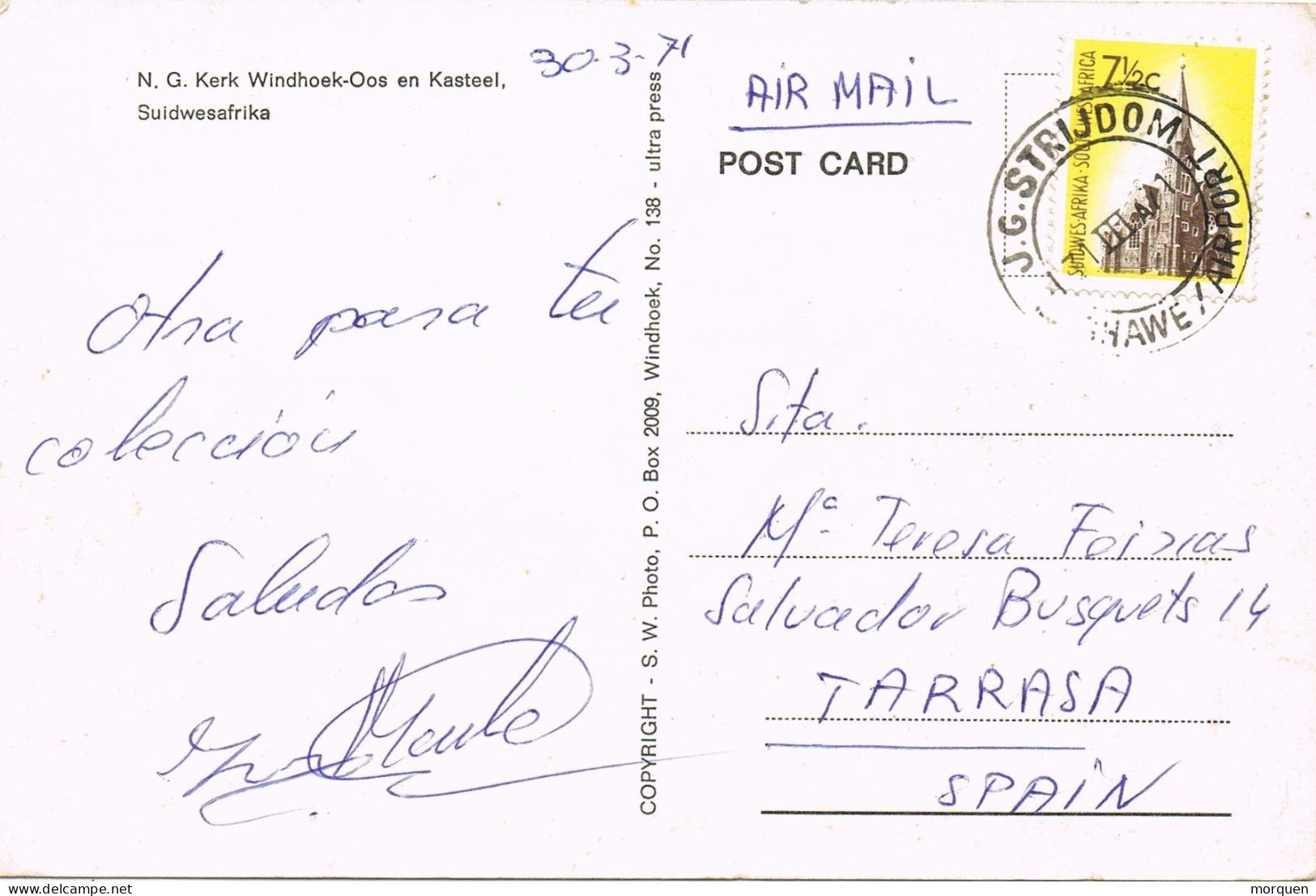 50740. Postal Aerea J.G. STRIJDOM (Aeroport) South Africa. Vista Kerk Windhoek Oos En KASTEEL - Lettres & Documents