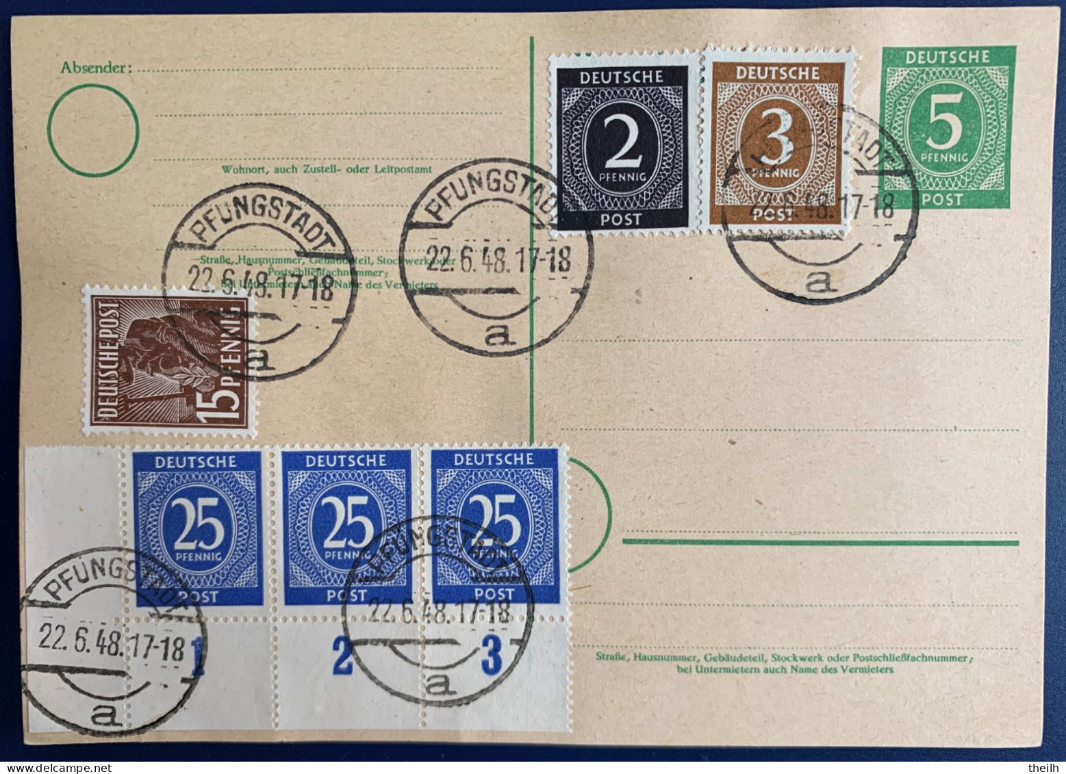 Ganzsache Postkarte Mit Zusatzfrankatur, Alliierte Besetzung, Gemeinschaftsausgaben, 1948 - Ganzsachen