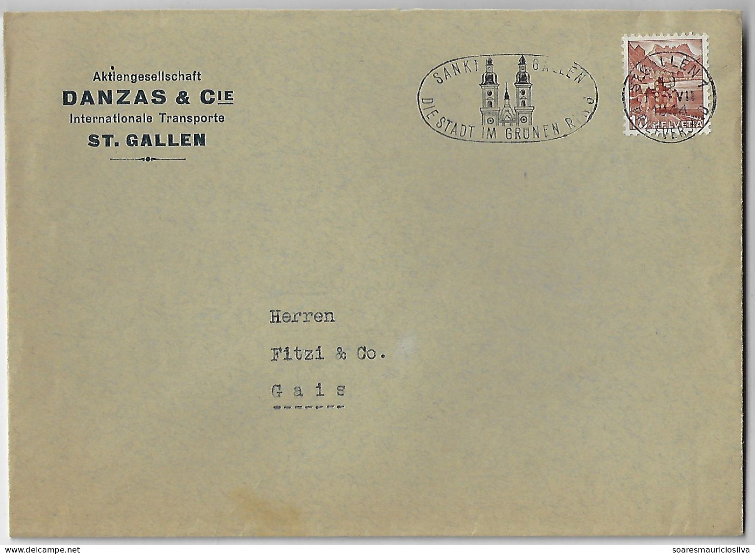 Switzerland 1944 Cover Stamp With Perfin DC By Danzas & Cie International Transport Slogan Cancel Abbey Of St Gallen - Gezähnt (perforiert)