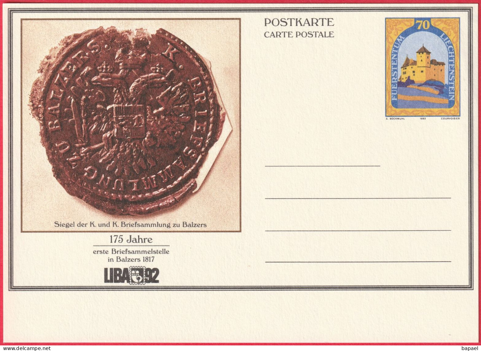 Entier Postal (CP) - Balzers (Liechtenstein) (1992) - Sceau Du Recueil De Lettres K. Et K. à Balzers - Postwaardestukken