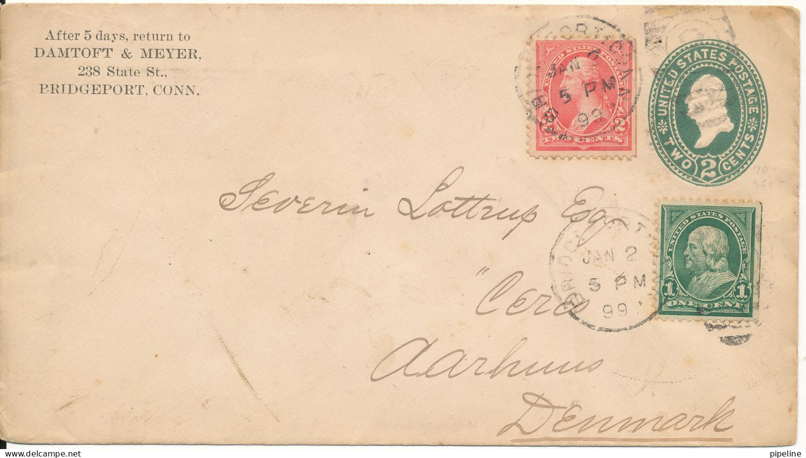 USA Uprated Postal Stationery Cover Sent To Denmark 2-1-1899 (Damtoft  & Meyer) - ...-1900
