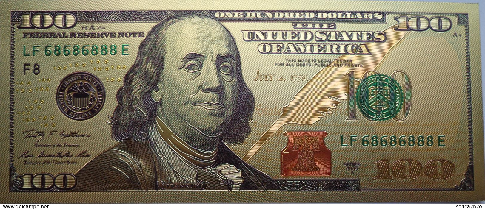 Billet Plaqué Or 24K Colorisé USA  100 Dollars Sceau Vert Série 2009 NEUF - Fictifs & Spécimens