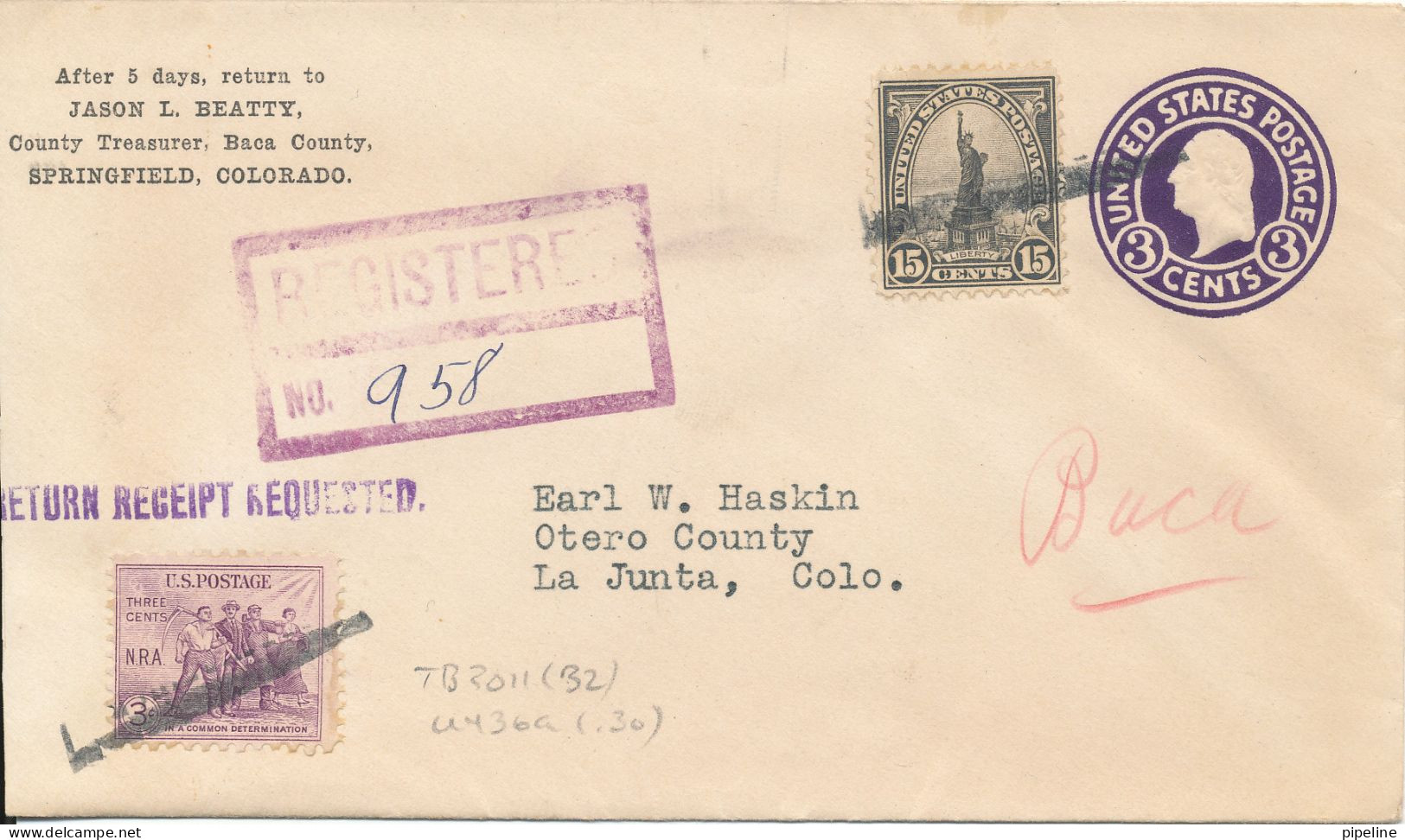 USA Registered Uprated Postal Stationery Cover 5-4-1934 - 1921-40