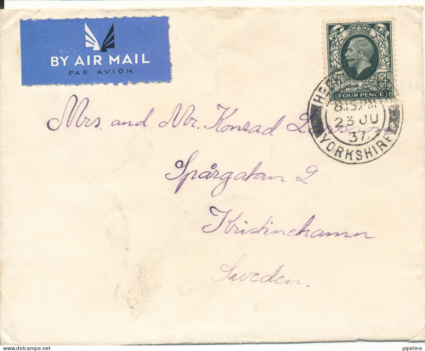Great Britain Cover  Sent To Sweden 23-7-1937 Single Franked - Cartas & Documentos