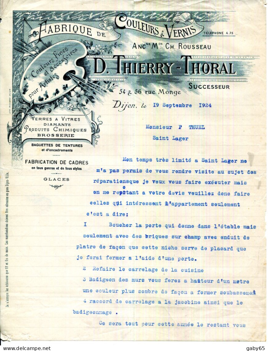 FACTURE.21.DIJON.FABRIQUE DE COULEURS & VERNIS.D.THIERRY-THORAL 54 & 56 RUE MONGE. - Perfumería & Droguería