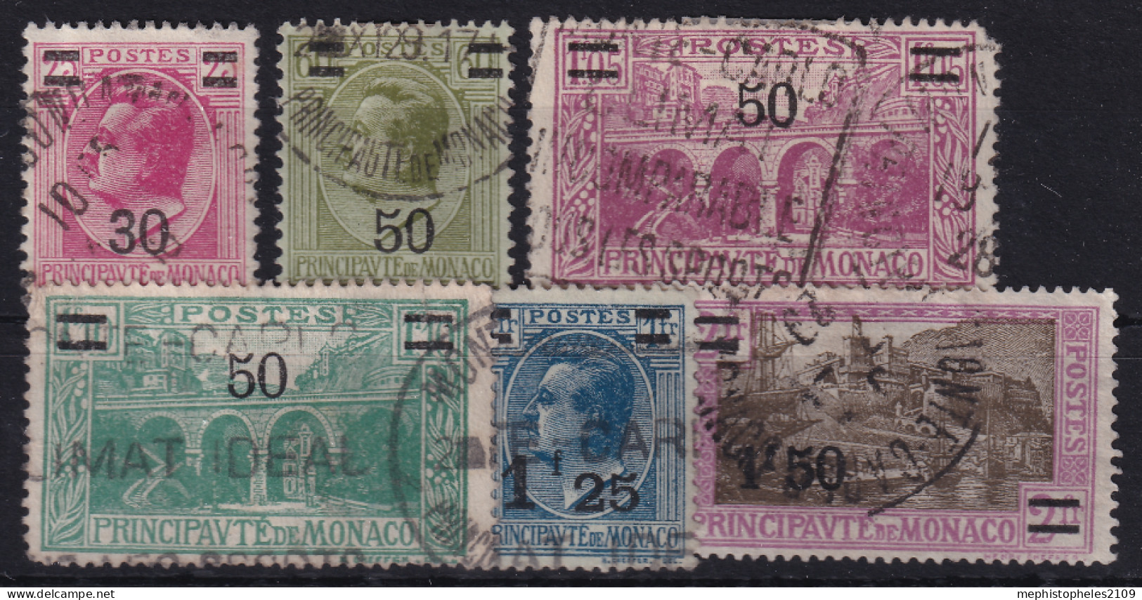 MONACO 1925-31 - Canceled - Sc# 93-96, 98, 99 - Used Stamps