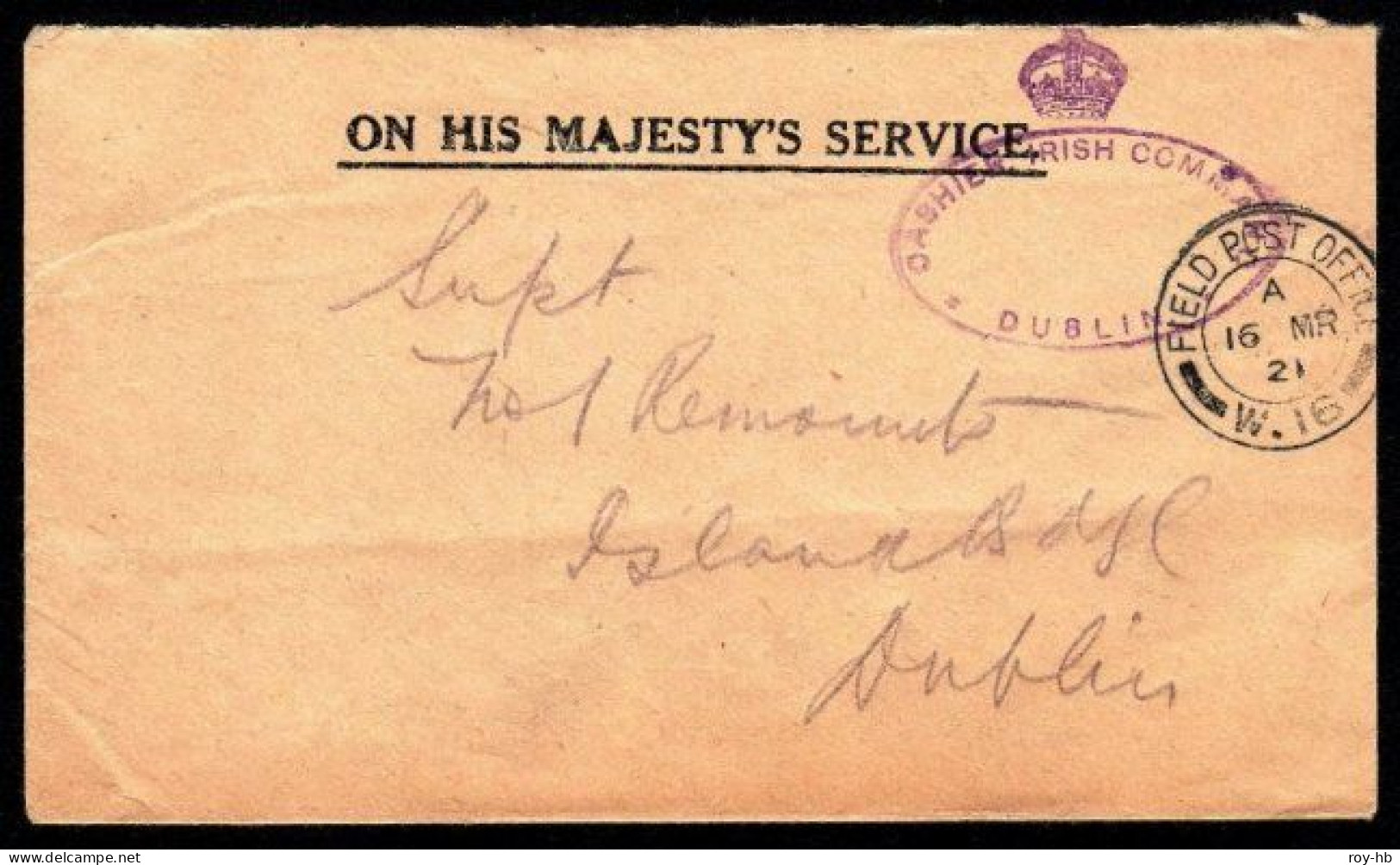 1921 British Army, OHMS Cover To The Remount Depot (Islandbridge) With A Superb Undated Oval Crowned Cachet - Prephilately