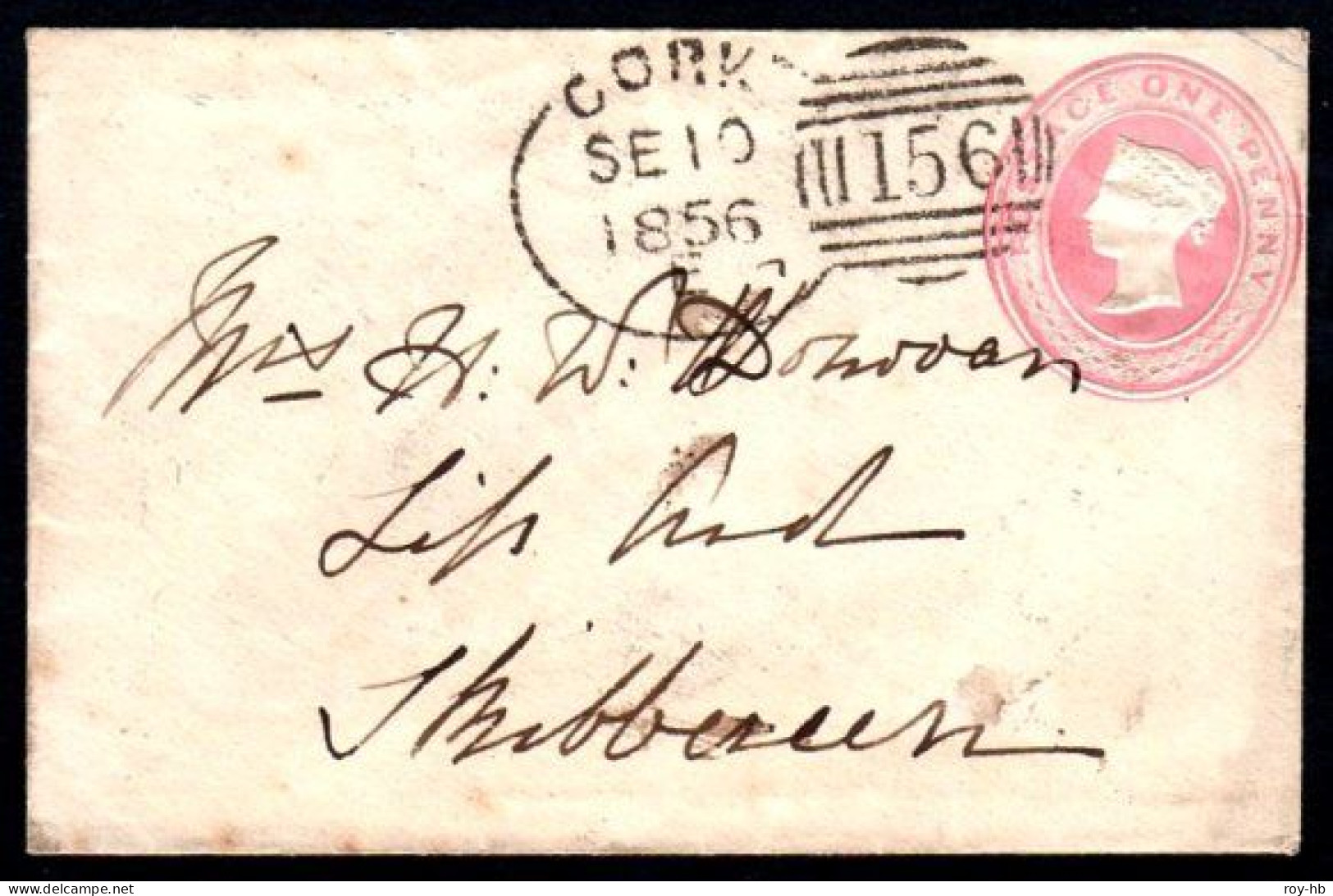 1856 Small 1d Pink P. Stationery Envelope To Skibbereen With A Superb English-type 4-3-4 Spoon CORK - Préphilatélie