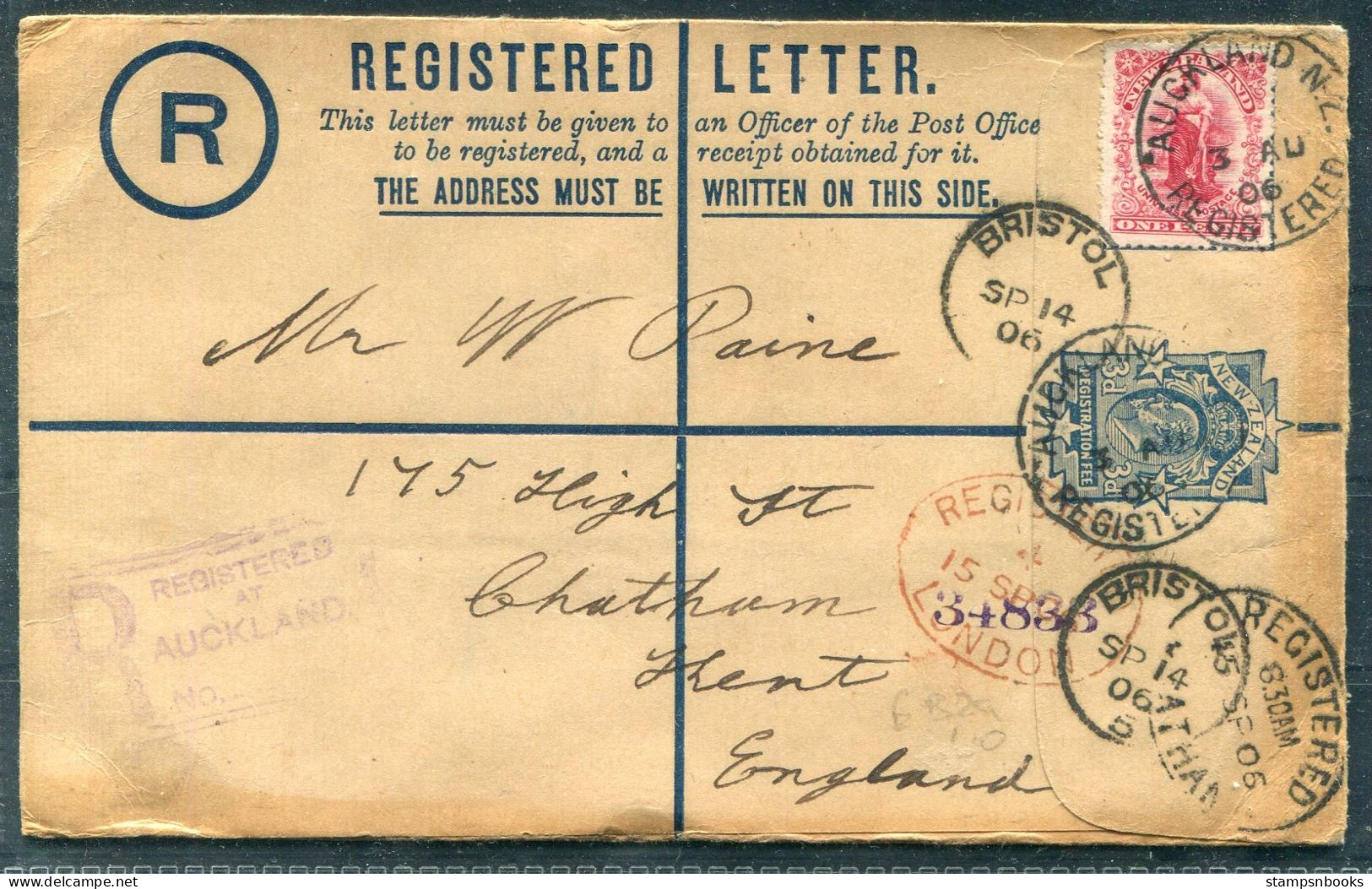 1906 New Zealand Uprated Registered Letter Auckland - Chatham Kent England Via London & Bristol - Lettres & Documents