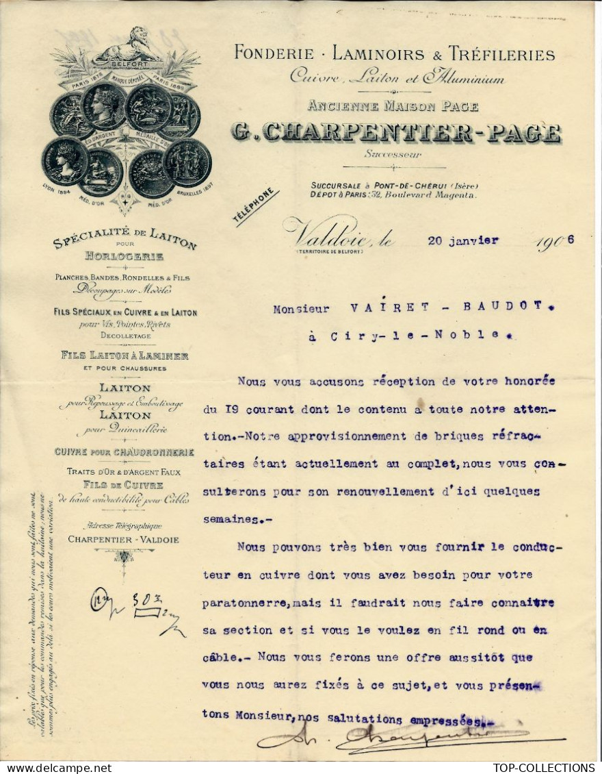 1906  G.CHARPENTIER FONDERIE LAMINOIRS TREFILERIES Valdoie  T. De Belfort Pour Vairet Baudot Briqueterie Devenue Musée - 1900 – 1949