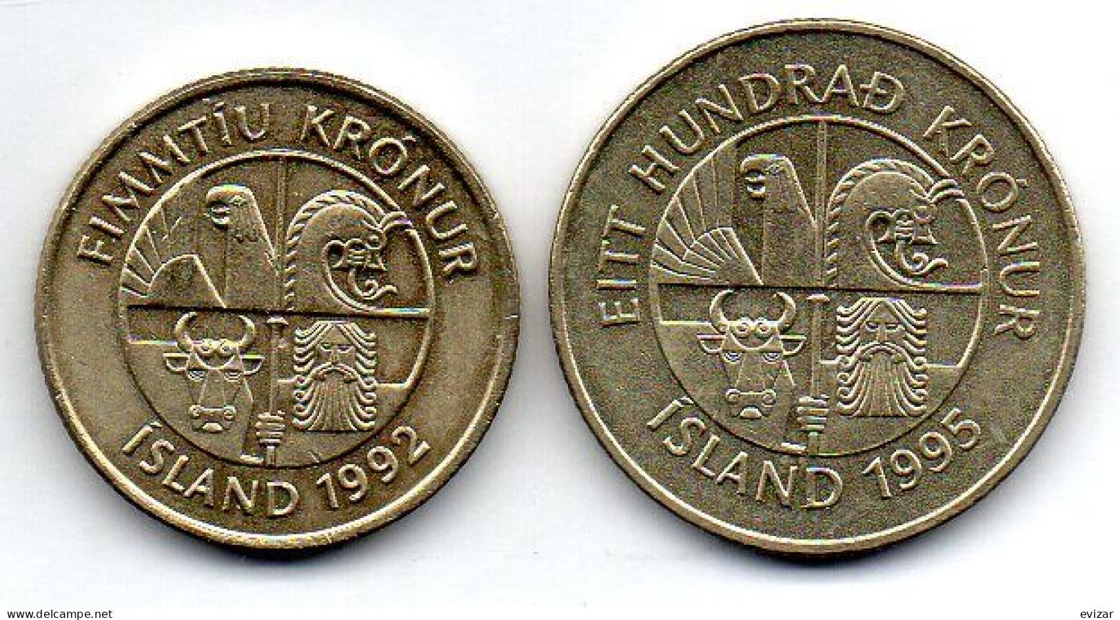 ICELAND, Set Of Two Coins 50, 100 Kronur, Nickel-brass, Year 1992, 1995, KM # 31, 35 - Islande