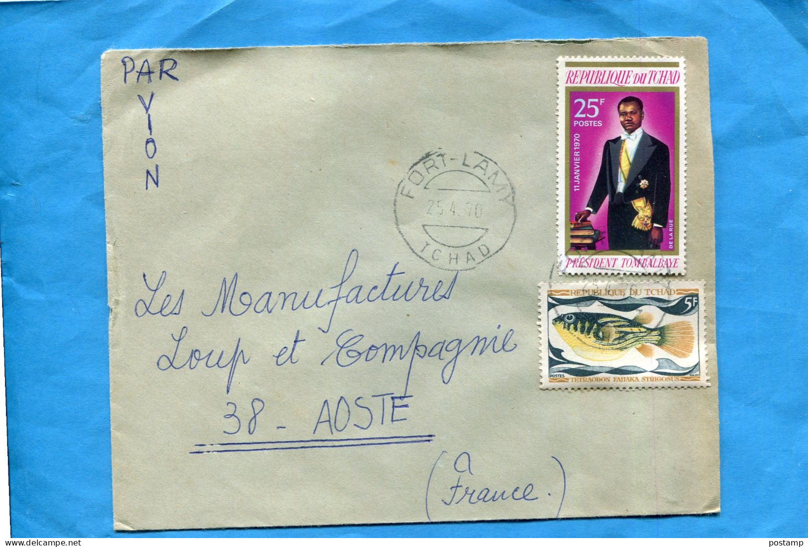 MARCOPHILIE-Lettre - TCHAD- Pour Françe-cad 1970-2 Stamps- 221 Pt Tombalbaye-218-poissons Petraodon - Tchad (1960-...)