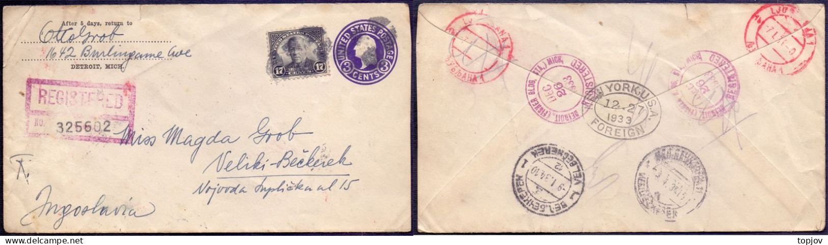 USA - Cover 3 C + 17 C Wilson (perf. L11) - RECOMM.  DETROIT NEW YORK  LJUBLJANA To VEL. BEČKEREK BANAT - 1933 - 1921-40