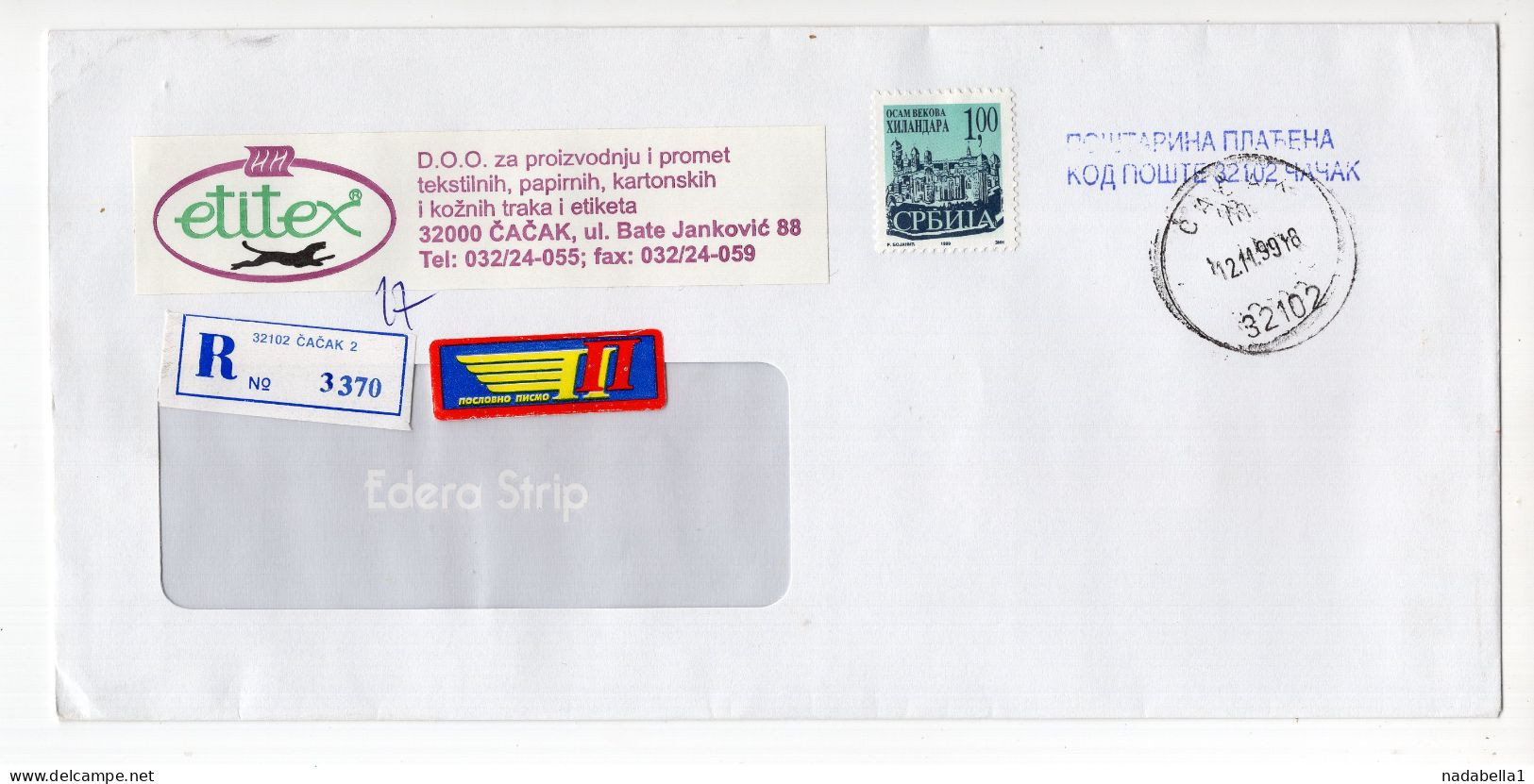 1999. YUGOSLAVIA,SERBIA,CACAK,RECORDED COVER - Covers & Documents