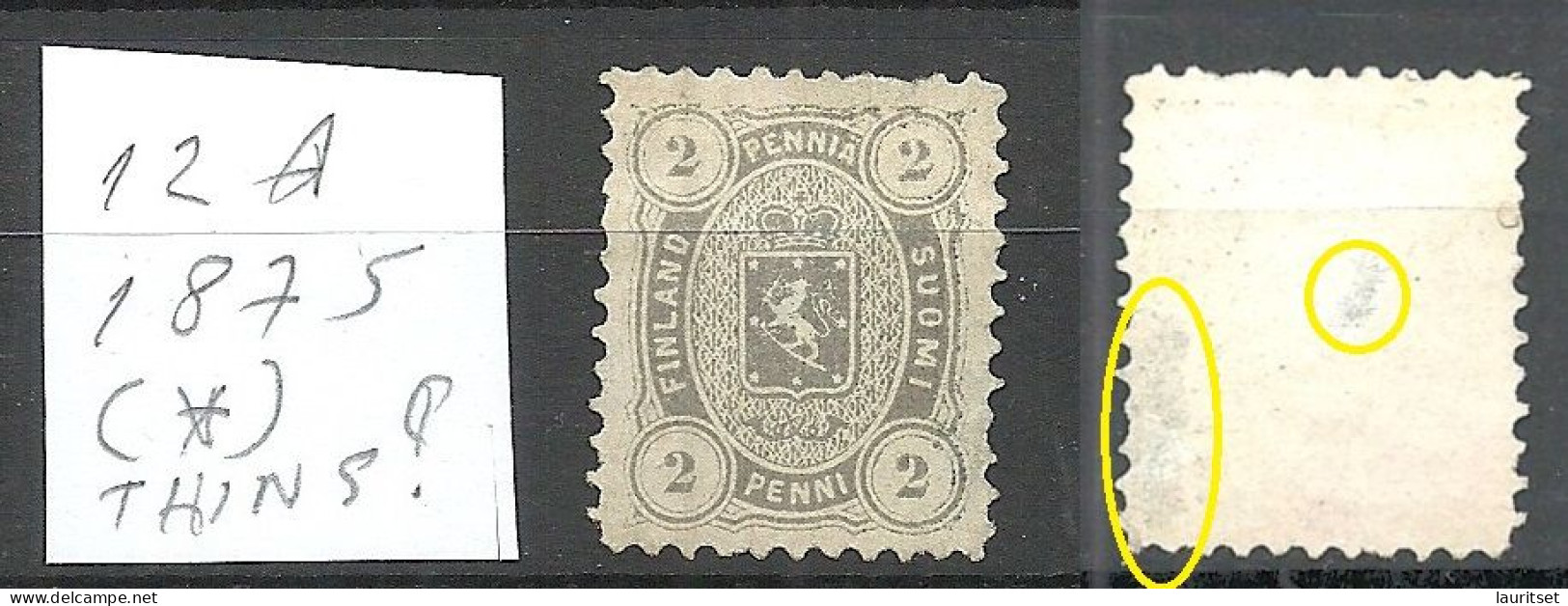 FINLAND FINNLAND 1875 Michel 12 A (*) Mint No Gum/ohne Gummi NB! Thinned Places = Marked With Yellow On Scan! - Nuovi