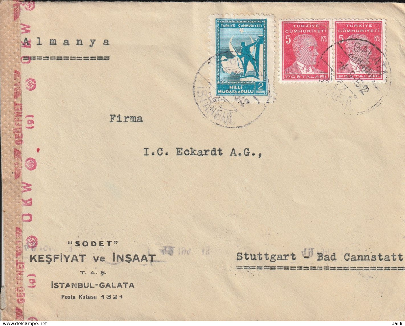 Turquie Lettre Censurée Pour L'Allemagne 1942 - Lettres & Documents