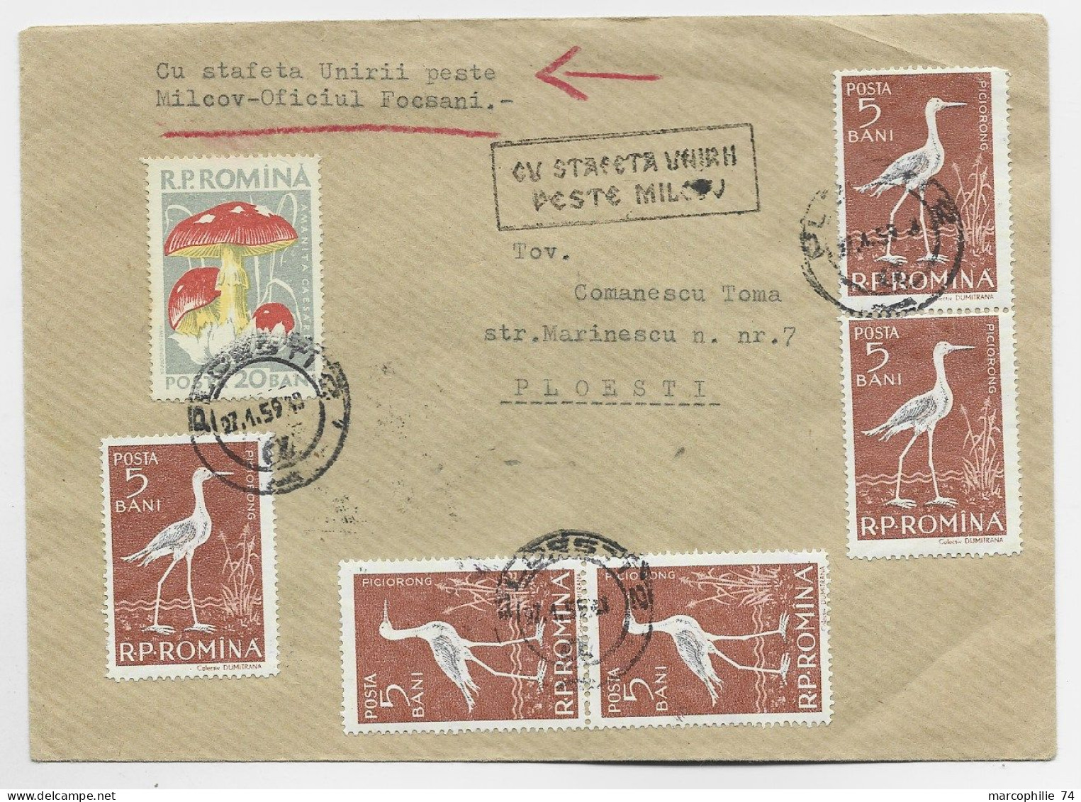 ROMANIA 5BX7+ 20B CHAMPIGNON LETTRE COVER FOCSANI 1959 TO PLOESTI - Brieven En Documenten