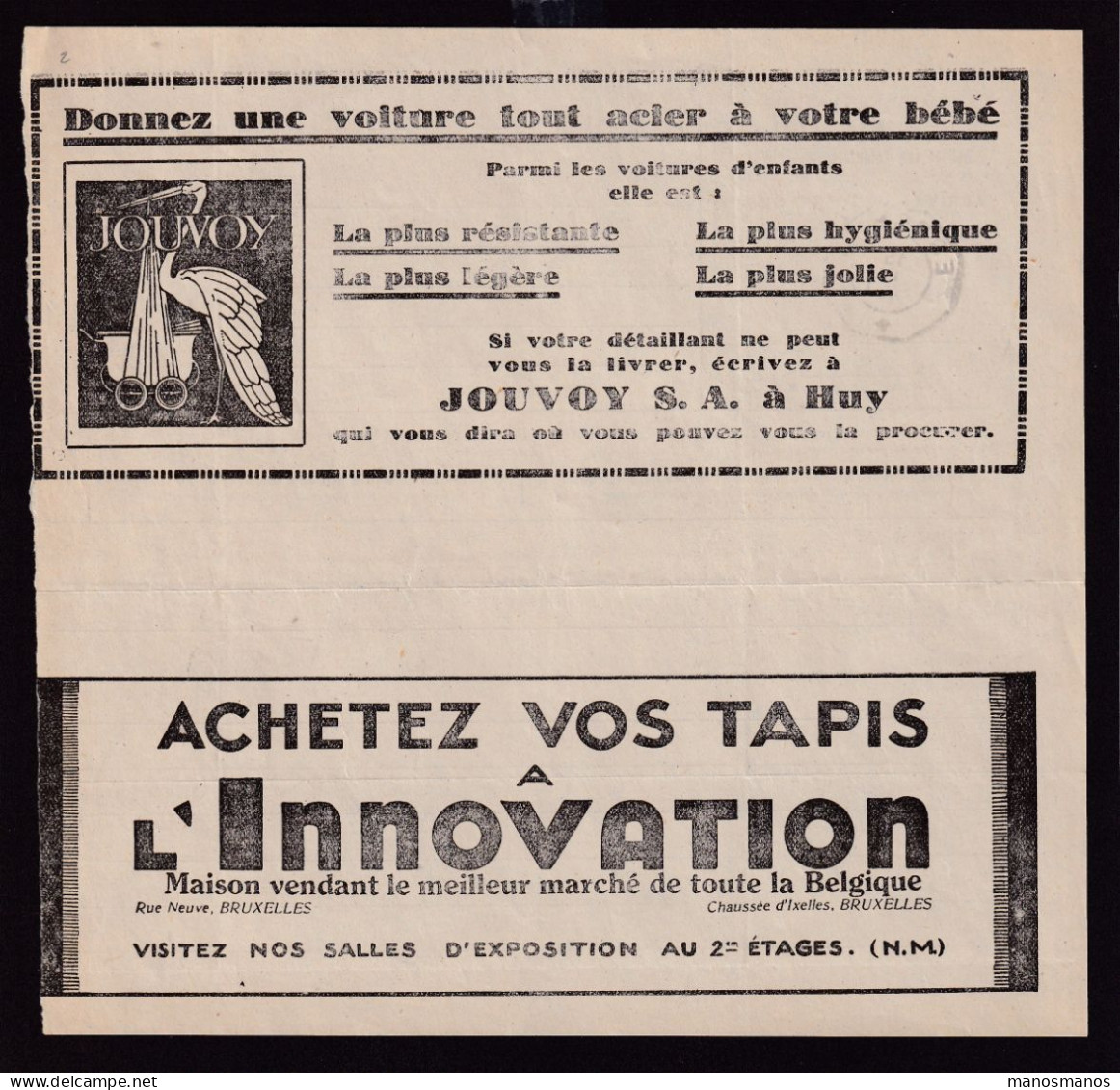 456/39 -- Formule De Télégramme Publicitaire Voitures D'enfants Jouvoy à HUY- Illustration Cigogne - Cachet ESSCHEN 1931 - Telegramme