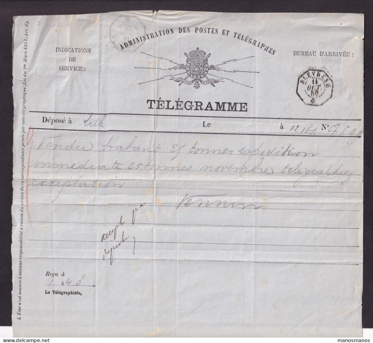 457/39 -- CANTONS DE L'EST - Formule De Télégramme LILLE 1880 Vers BLEYBERG - Cachet Télégraphique Type 1 PEU COMMUN - Telegrams