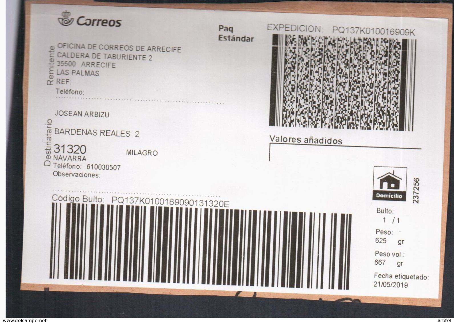 CANARIAS LAS PALMAS ARRECIFE ETIQUETA PAQ ESTANDARD QR CODE 2019 - Covers & Documents