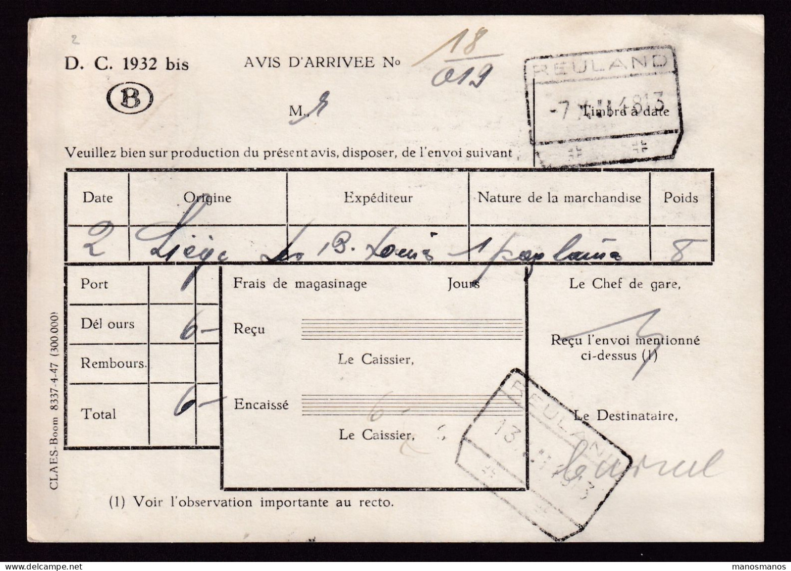 458/39 -- CANTONS DE L'EST - Avis D' Arrivée SNCB TP Service Petit Sceau BURG REULAND 1948 - Cachet De Gare REULAND - Cartas & Documentos