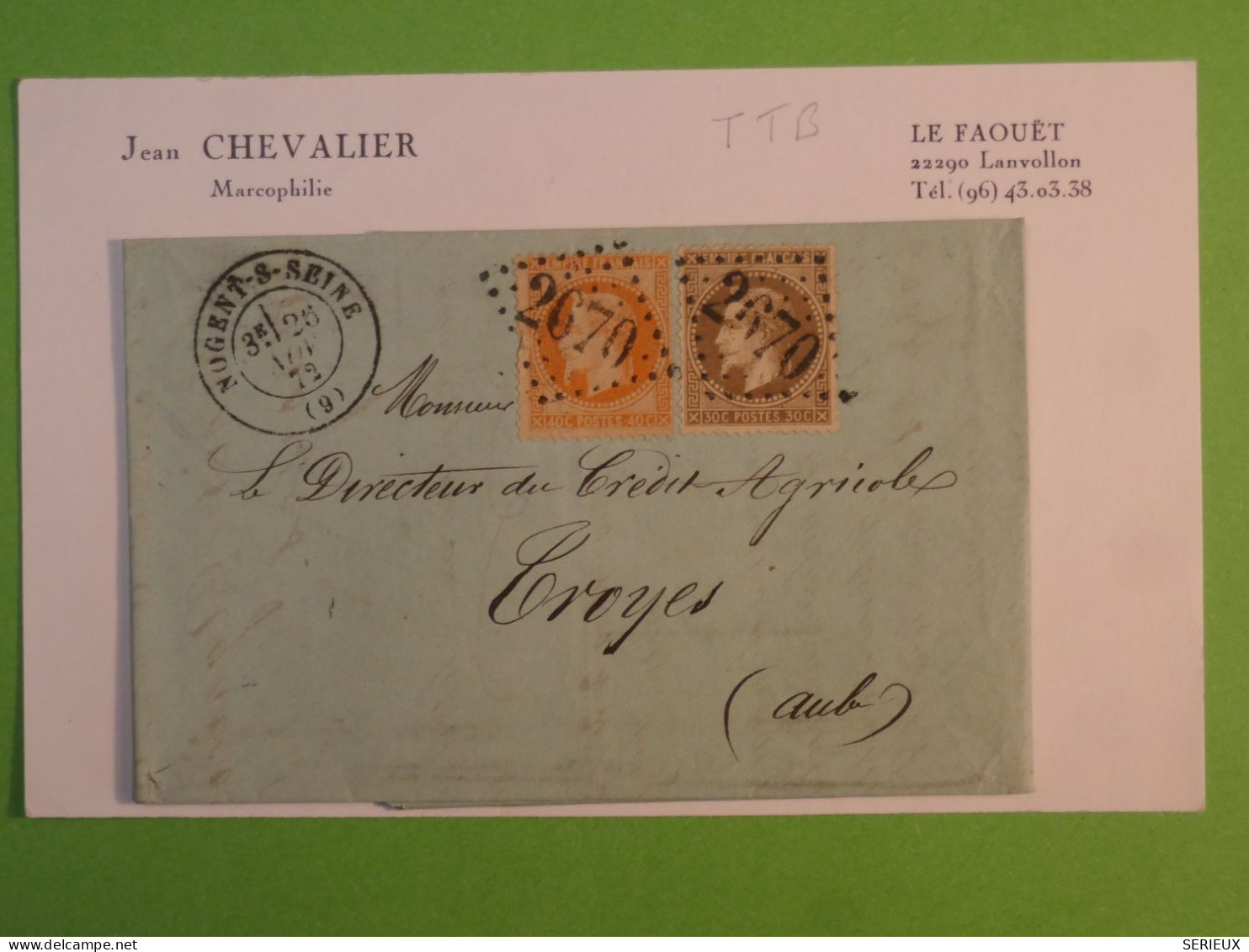 BU20 FRANCE BELLE LETTRE 1875  NOGENT A TROYES   + ++ AFF .INTERESSANT+ - 1863-1870 Napoléon III Lauré