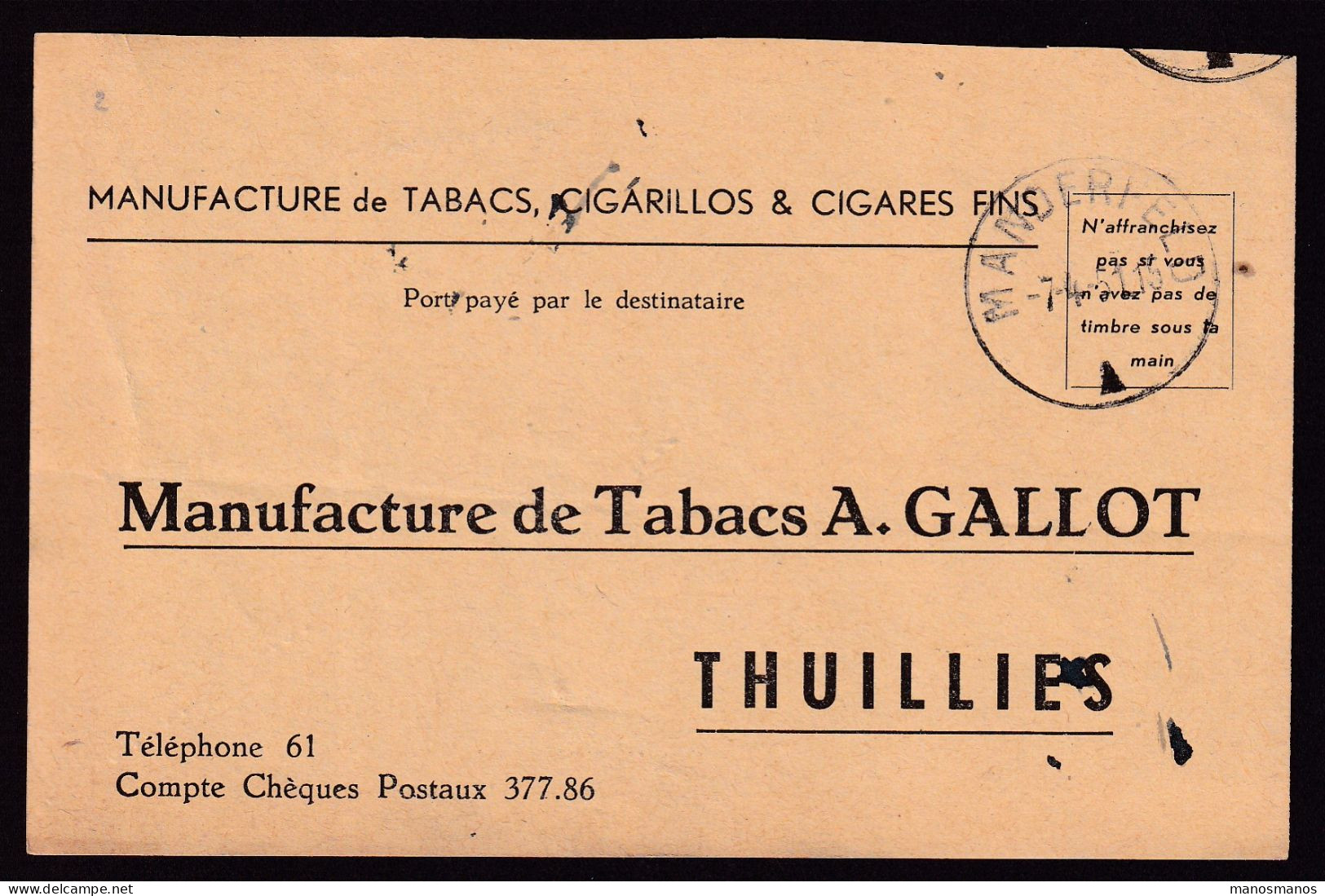 461/39 -- CANTONS DE L'EST - Carte Port Payé Destinataire MANDERFELD 1951 Vers THUILLIES - Commande TABACS Gallot - Franchise