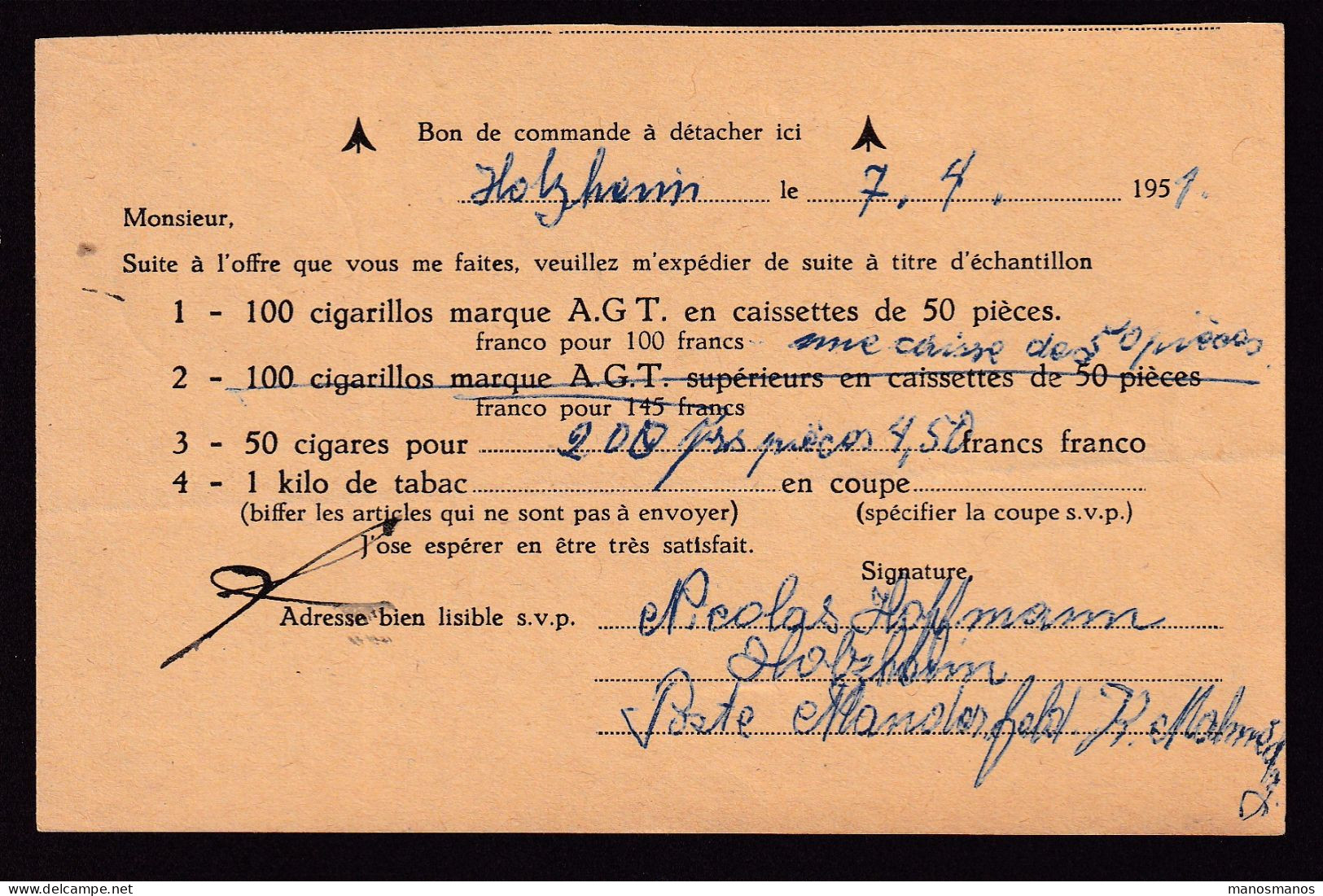 461/39 -- CANTONS DE L'EST - Carte Port Payé Destinataire MANDERFELD 1951 Vers THUILLIES - Commande TABACS Gallot - Franchise