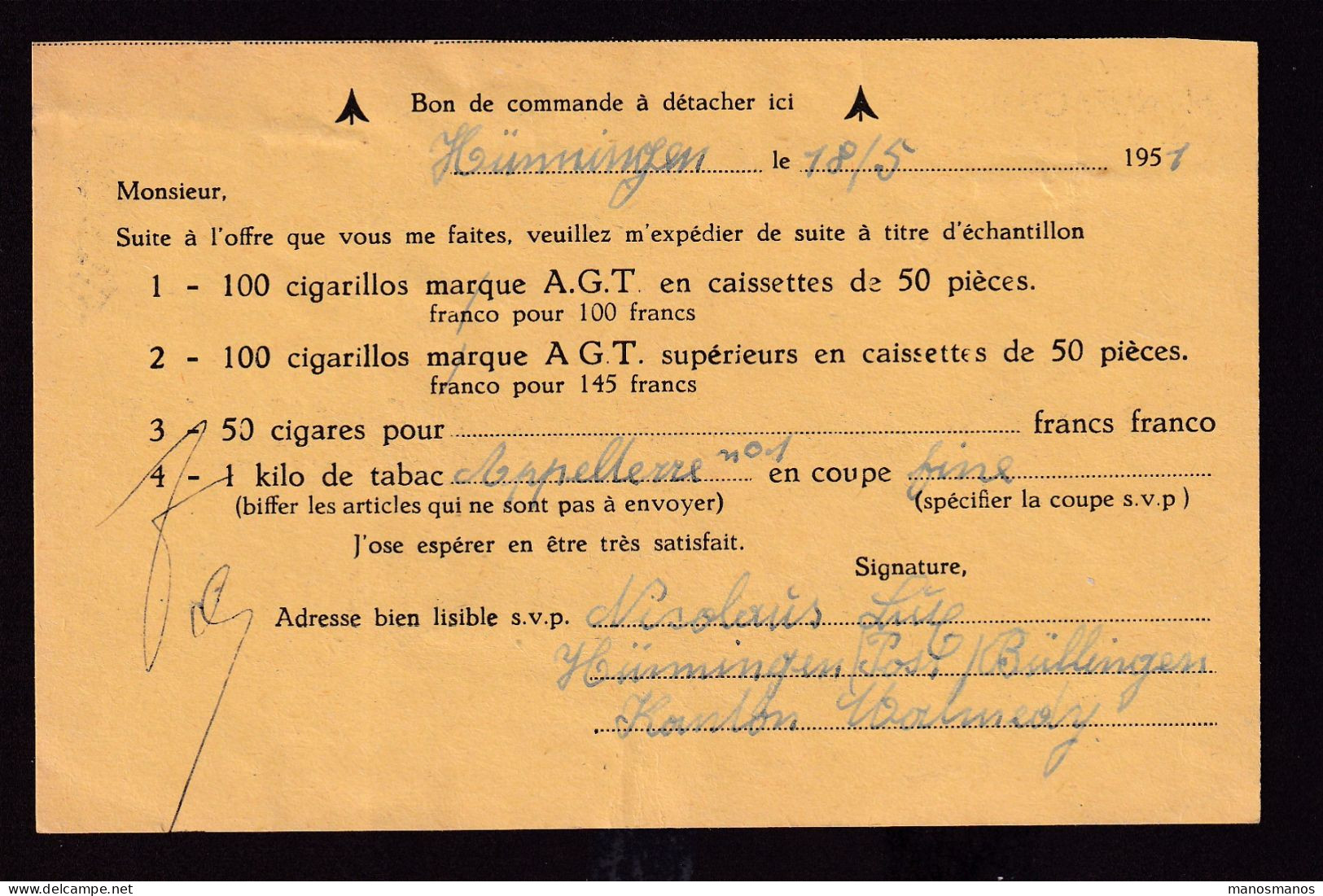 462/39 -- CANTONS DE L'EST - Carte Port Payé Destinataire BULLINGEN 1951 Vers THUILLIES - Commande TABACS Gallot - Franchise