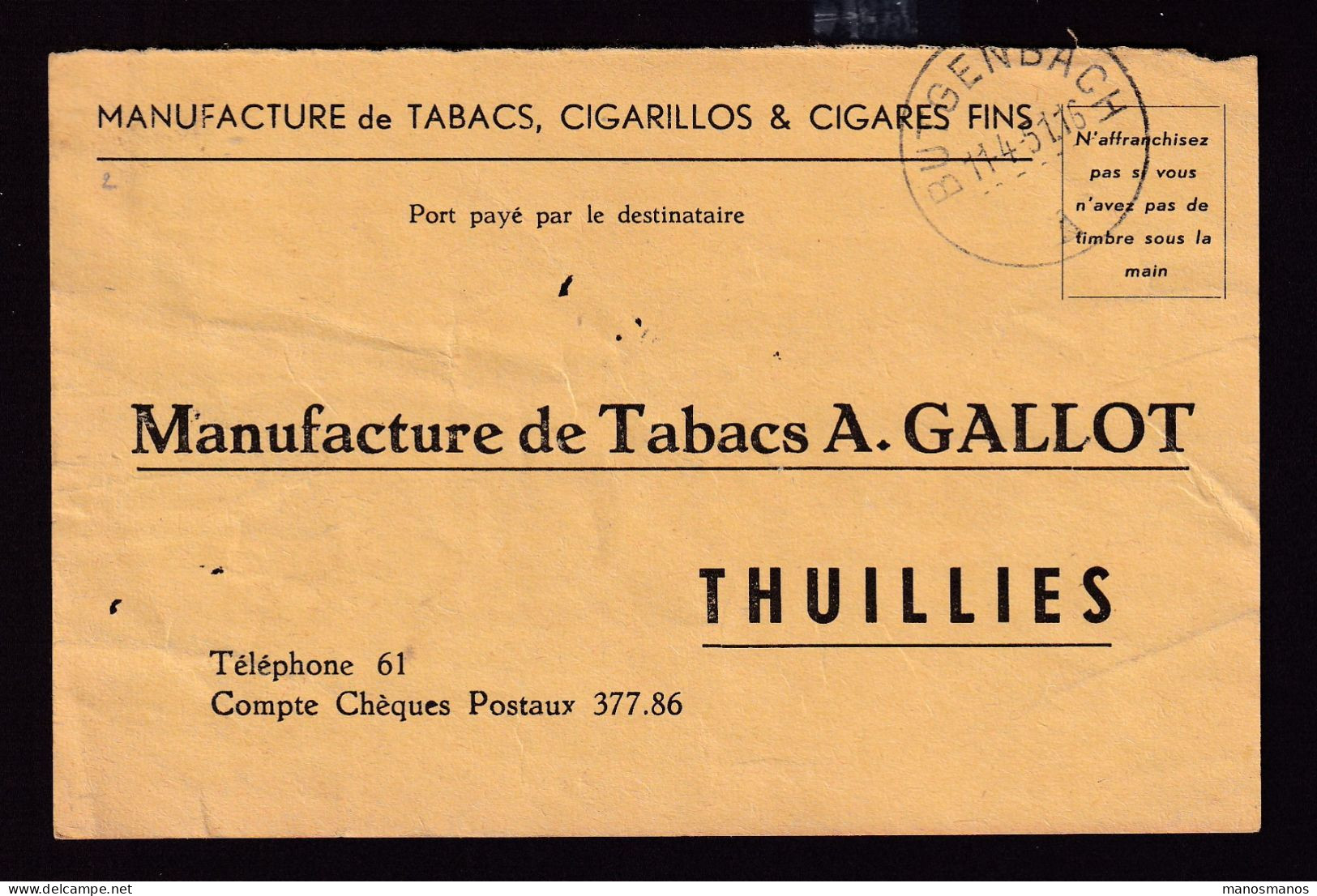 463/39 -- CANTONS DE L'EST - Carte Port Payé Destinataire BUTGENBACH 1951 Vers THUILLIES - Commande TABACS Gallot - Franchise