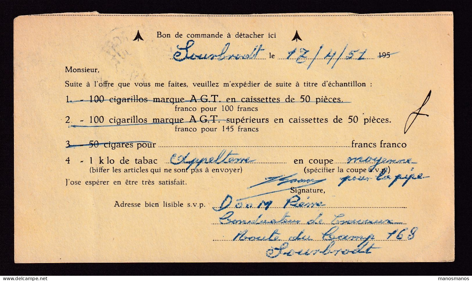 464/39 -- CANTONS DE L'EST - Carte Port Payé Destinataire SOURBRODT 1951 Vers THUILLIES - Commande TABACS Gallot - Franchise