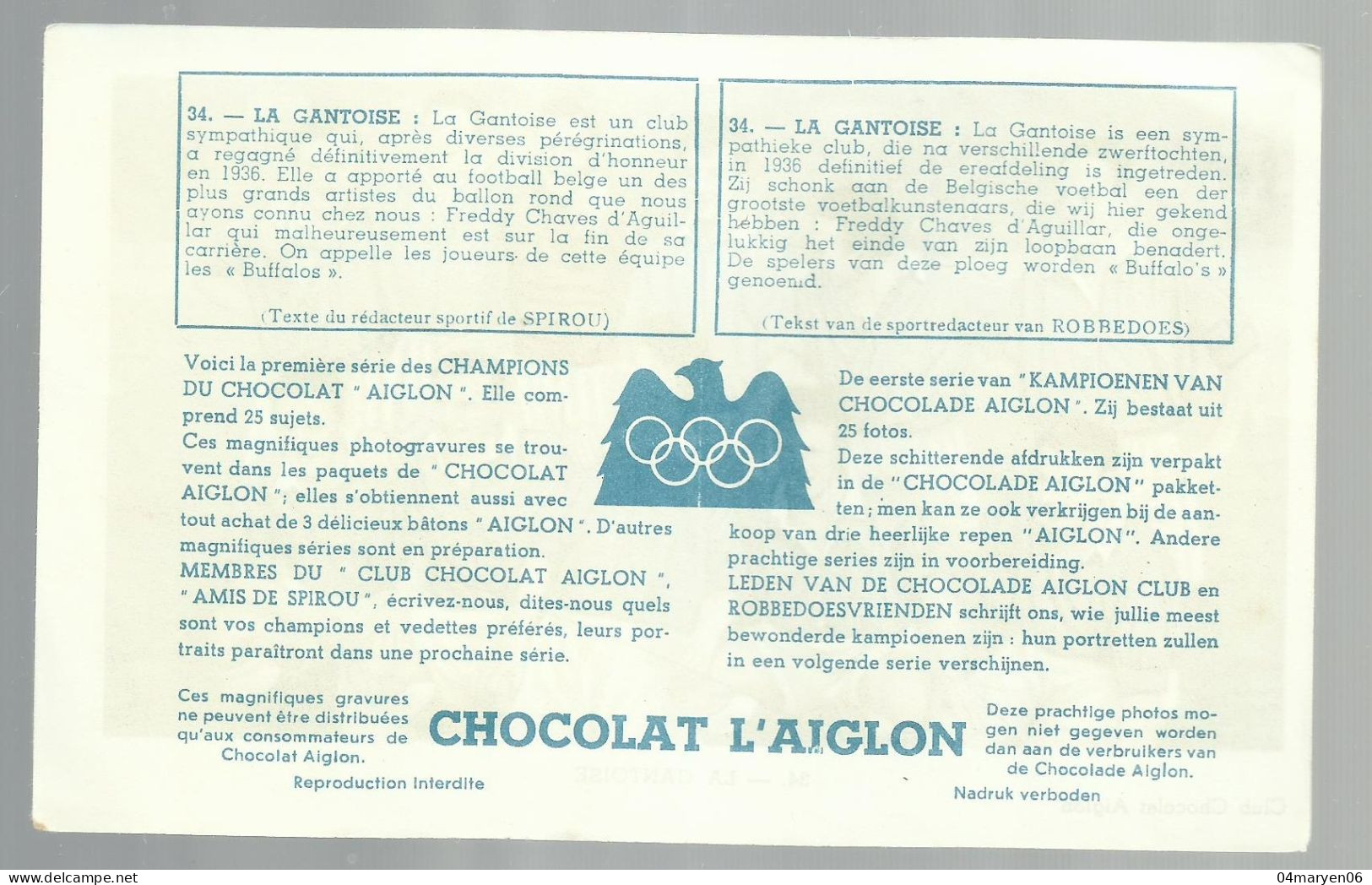 ***  CHROMO  ***  -    VOETBAL / 34. La Gantoise  -  L'AIGLON  *** - Aiglon