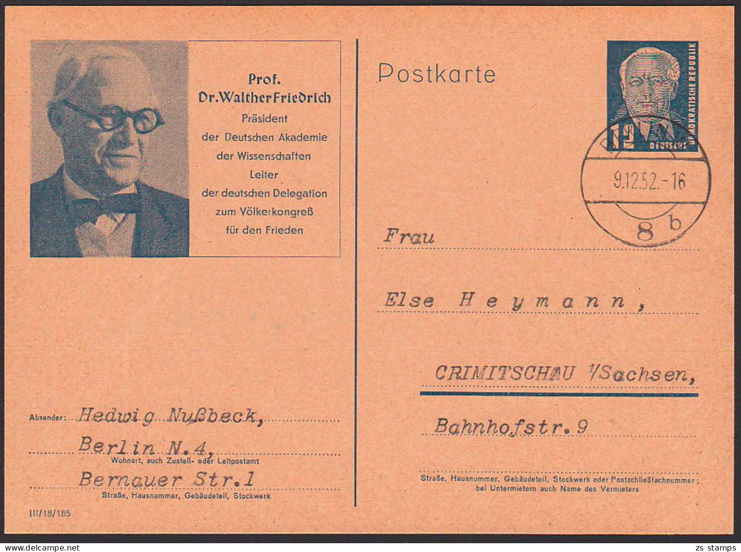 Prof. Dr. Walther Friedrich Bildpostkarte Mit OSt. Berlin 9.12.52 DDR P52/01, Saubere Erhaltung, Leiter Völkerkongress - Postcards - Used