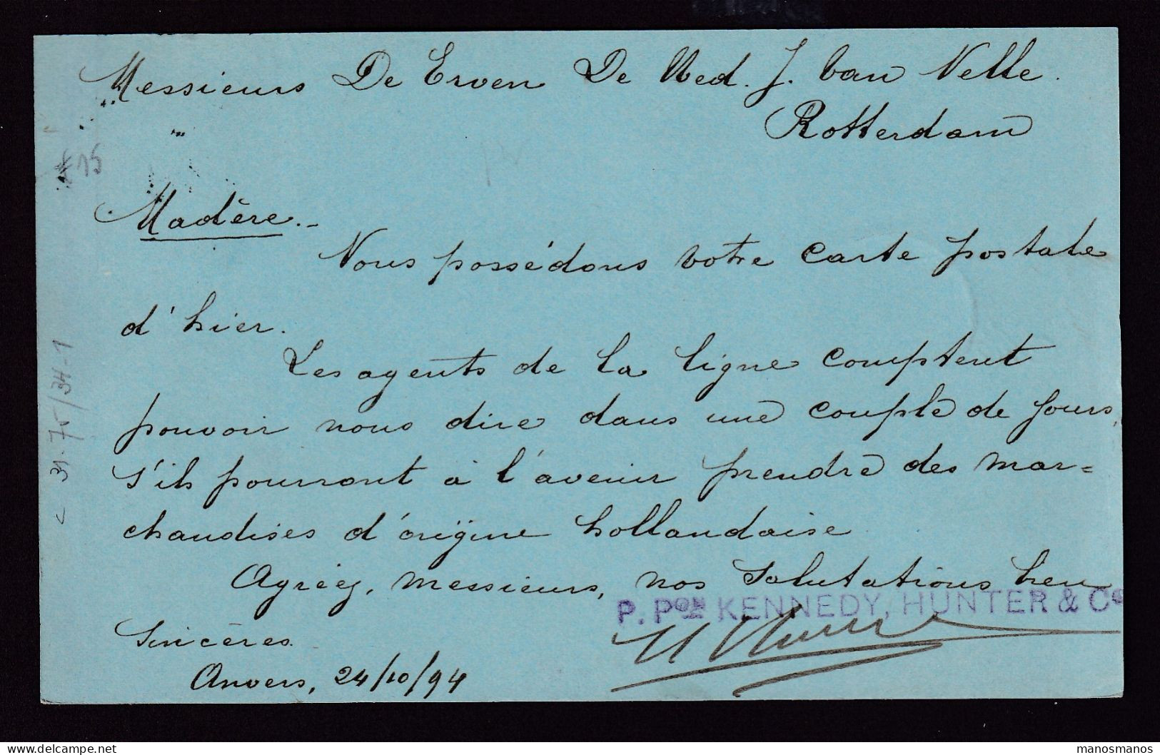 471/39 -- PERFINS/PERFORES - TP 46 K.H.§ Co Sur Carte Kennedy , Hunter § Co , Courtiers De Navires ANVERS 1894 - 1863-09