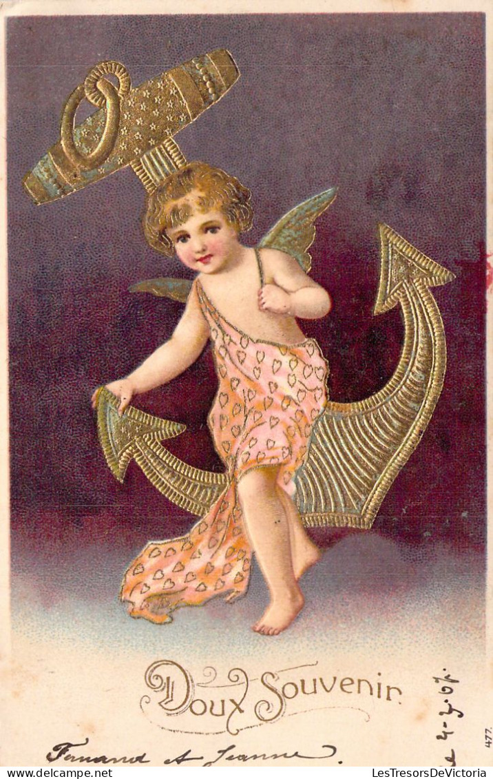 Ange Et Ancre De Marine - Doux Souvenir - Illustration Non Signée - Carte Postale Ancienne - Angels