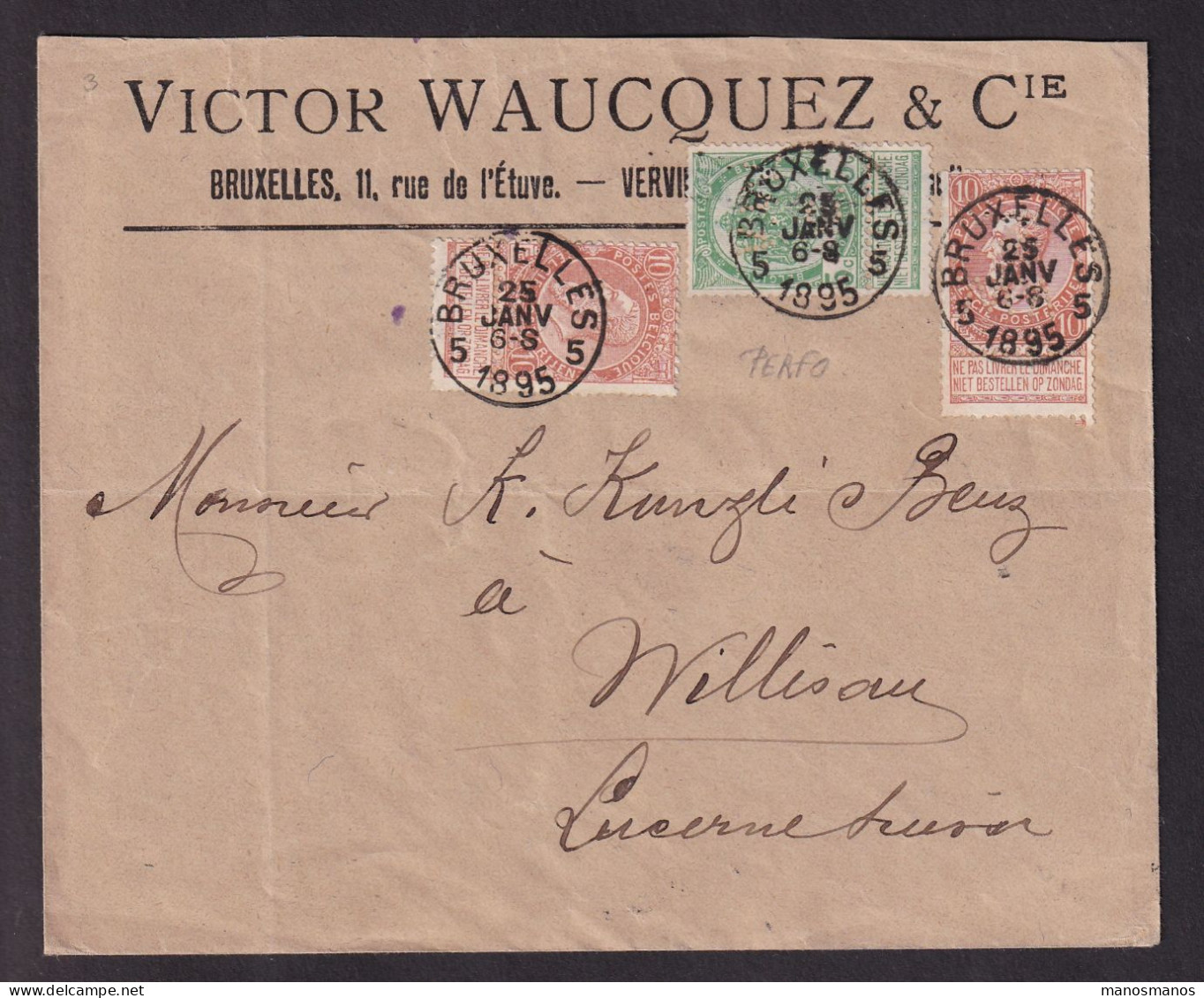 475/39 -- PERFINS/PERFORES - TP Fine Barbe Et Armoirie Perforés V.W.C. S/ Enveloppe Victor Waucquez § Cie Bruxelles 1895 - 1863-09