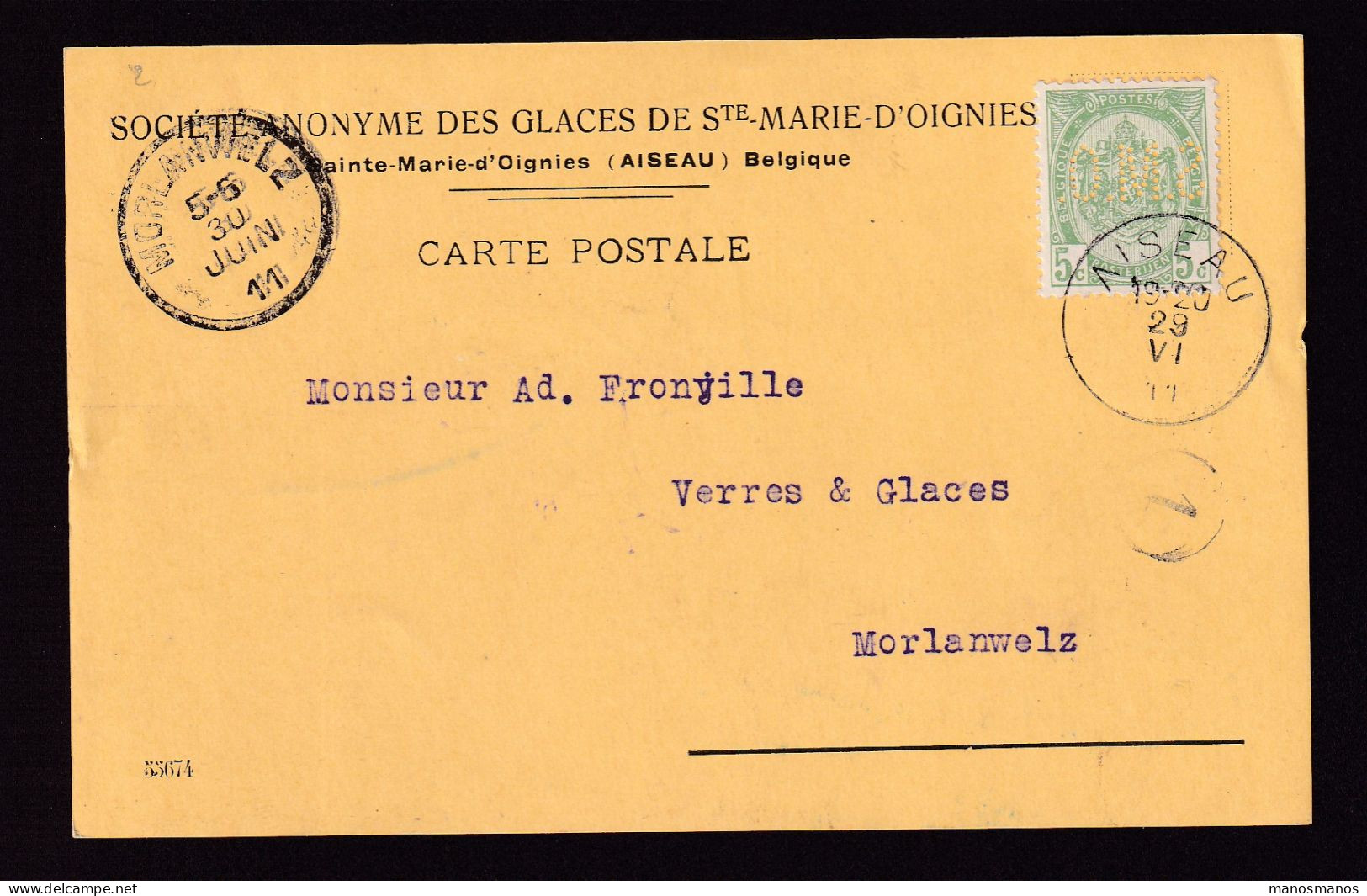 476/39 -- PERFINS/PERFORES - TP Armoirie Perforé S.M.O. S/ Carte Société Des Glaces De STE MARIE D'OIGNIES - AISEAU 1911 - 1909-34