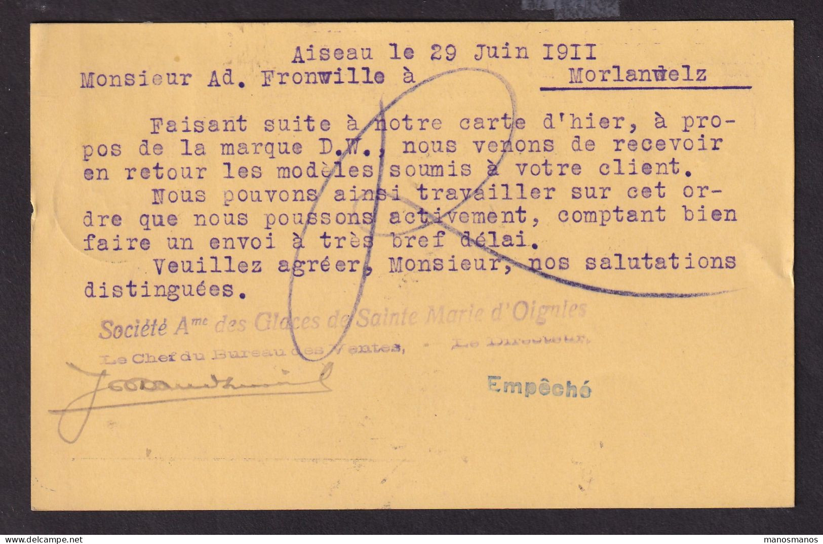 476/39 -- PERFINS/PERFORES - TP Armoirie Perforé S.M.O. S/ Carte Société Des Glaces De STE MARIE D'OIGNIES - AISEAU 1911 - 1909-34