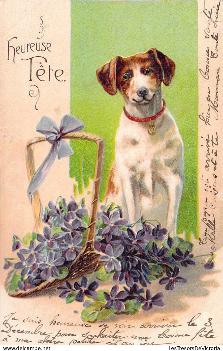 Chien De Chasse Et Panier De Fleur - Heureuse Fête - Illustration Non Signée - Carte Postale Ancienne - Hunde