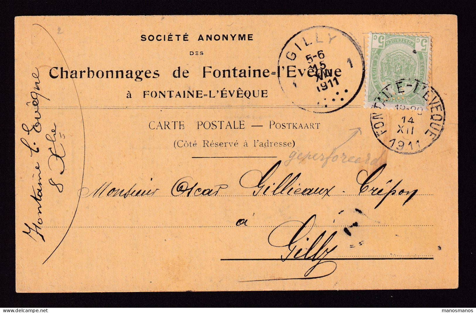 477/39 -- PERFINS/PERFORES - TP Armoirie Perforé F. S/ Carte Charbonnages De FONTAINE L'EVEQUE 1911 - 1909-34