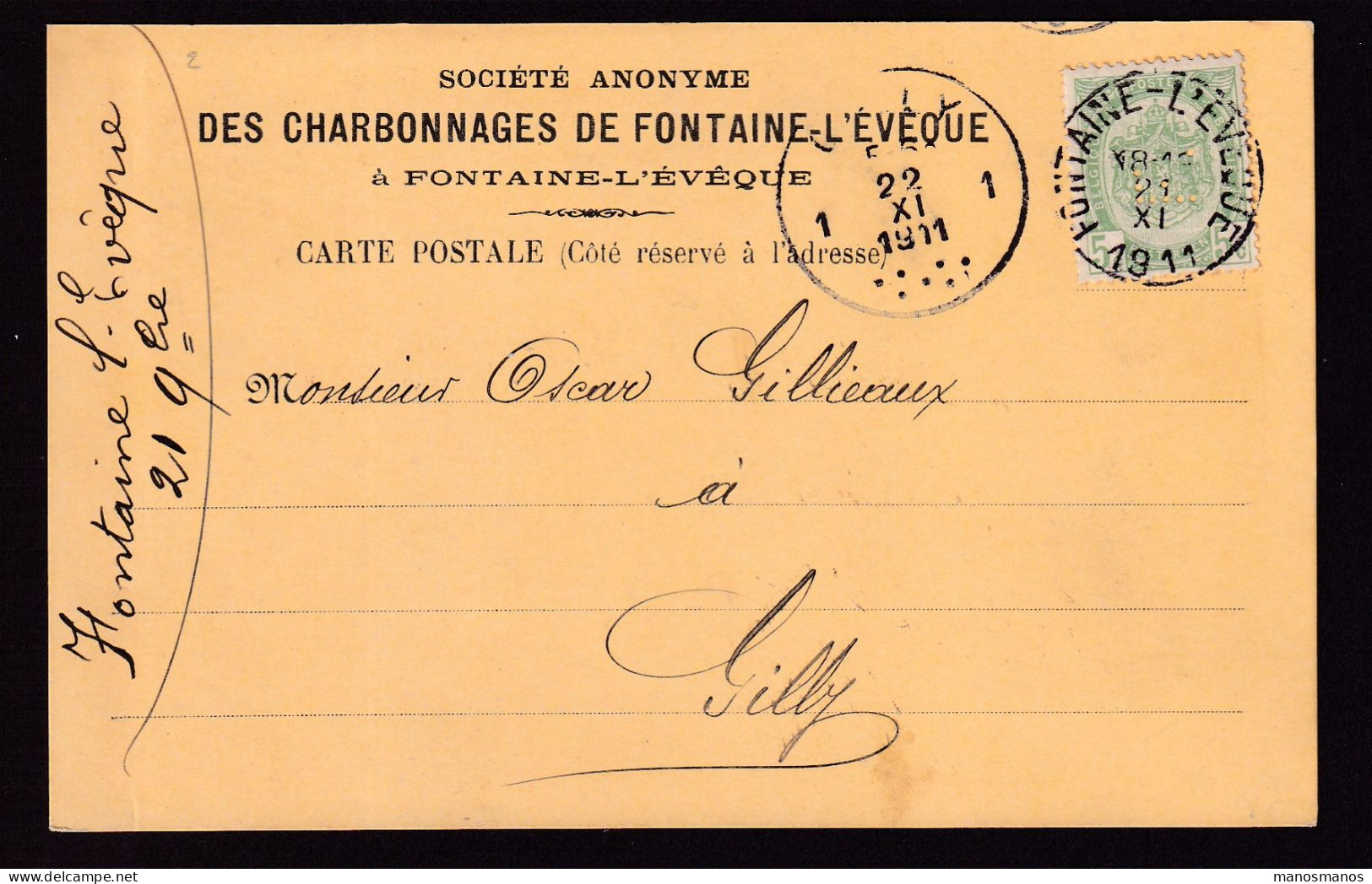 478/39 -- PERFINS/PERFORES - TP Armoirie Perforé F. S/ Carte Charbonnages De FONTAINE L'EVEQUE 1911 - 1909-34