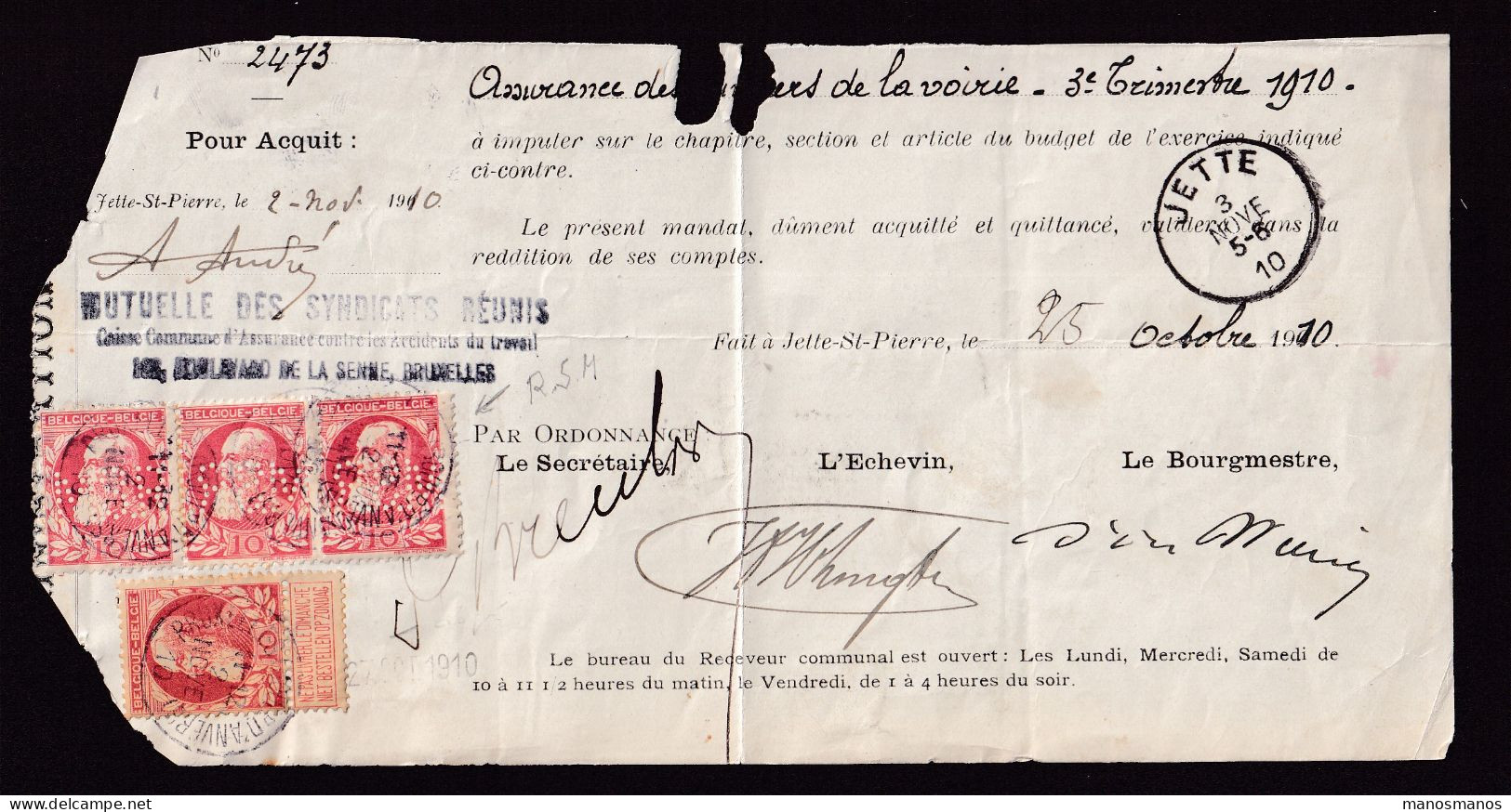 479/39 -- PERFINS/PERFORES - TP 74 Perforé M.S.R. S/ Mandat Mutuelle Des Syndicats Réunis - Bruxelles Bd D' Anvers 1910 - 1909-34