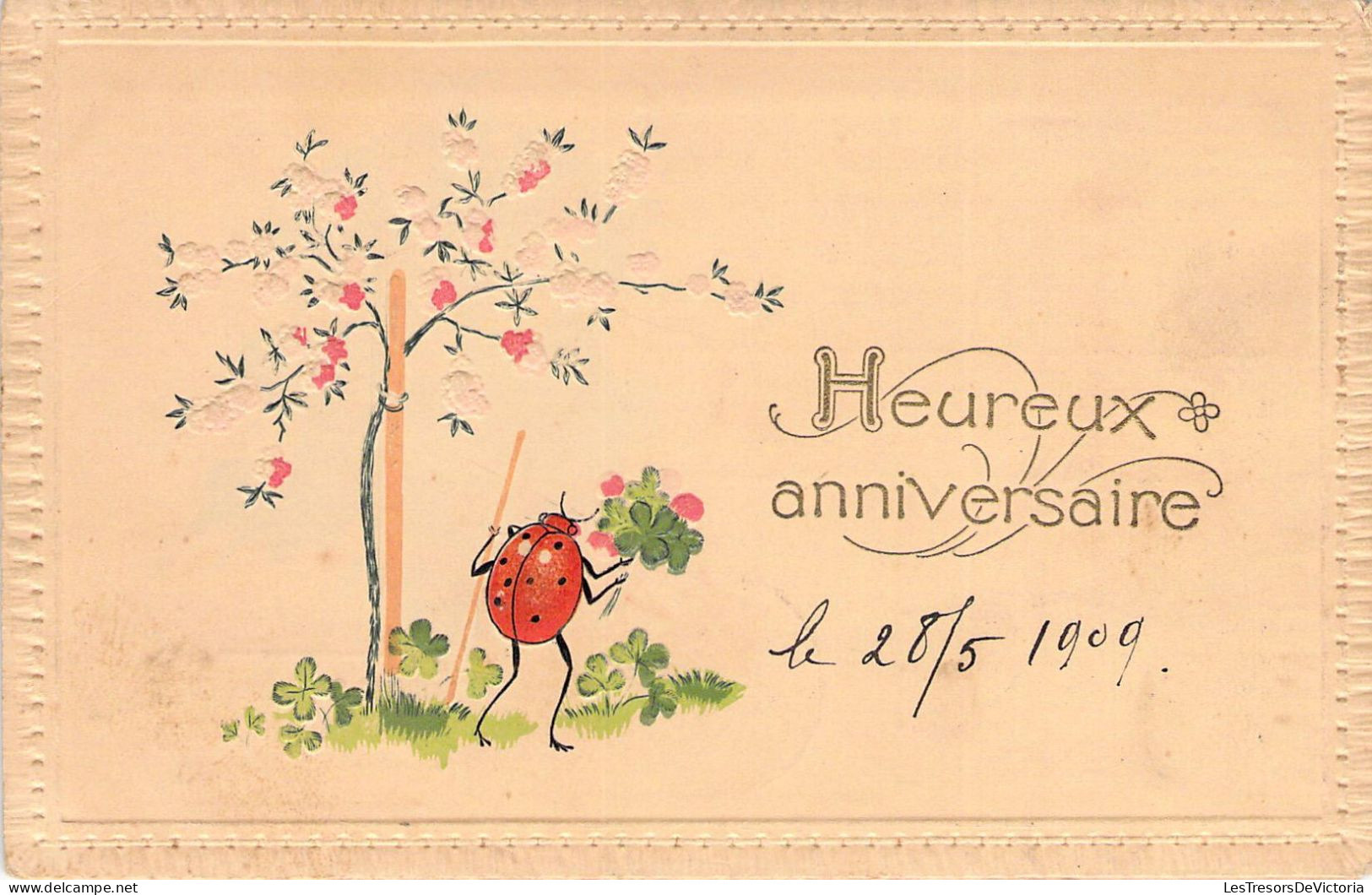 Coccinelle Arbre Et Bouquet De Fleurs - Illustration Non Signée - Heureux Anniversaire - Carte Postale Ancienne - Altri & Non Classificati