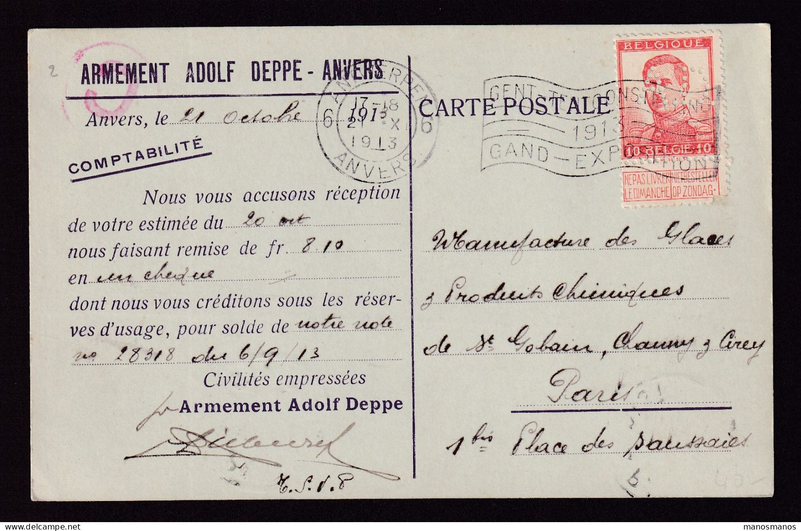 483/39 -- PERFINS/PERFORES - TP Pellens Perforé A.D. S/ Carte Armement Adolf Deppe - ANTWERPEN 1913 - 1909-34