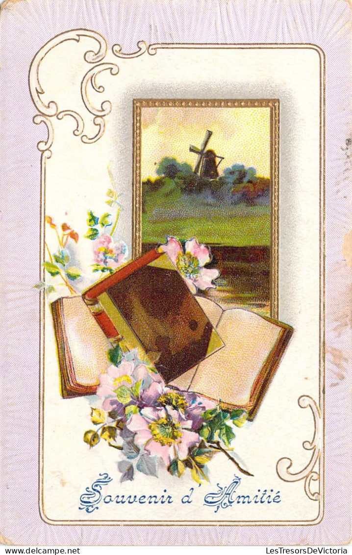 Bouquet De Fleurs - Livre Et Paysage - Souvenir D'Amitié - Carte Postale Ancienne - Trees