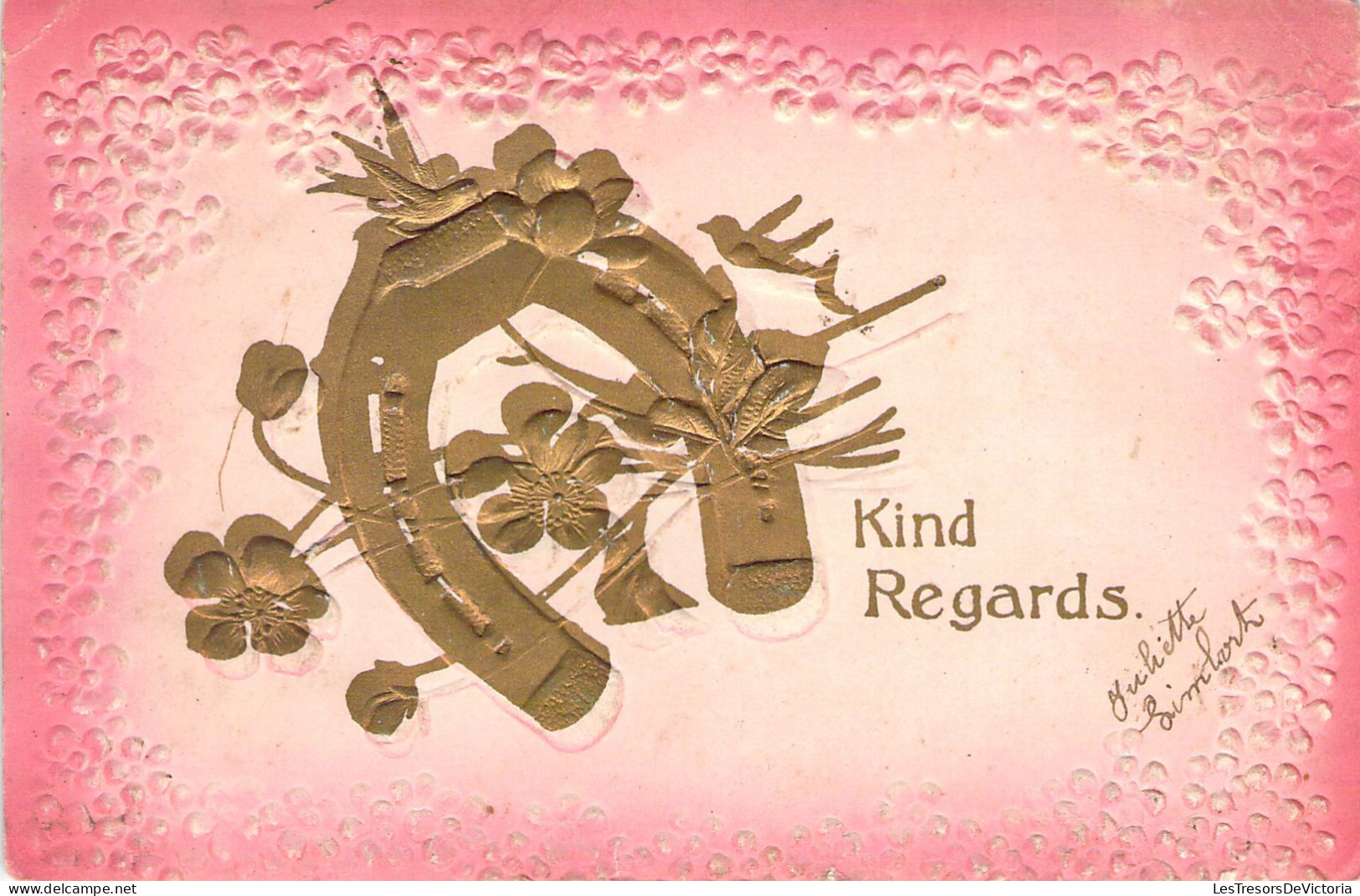 Kind Regards - Oiseau - Fer à Cheval - Trèfle - Carte Postale Ancienne - Arbres