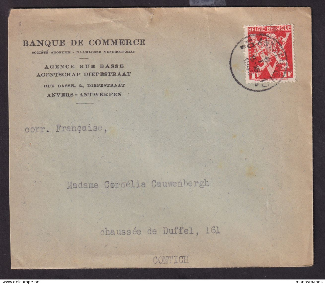 488/39 -- PERFINS/PERFORES - TP Lion V Perforé B.D.C. S/ Enveloppe Banque De Commerce - ANTWERPEN 1945 - 1934-51