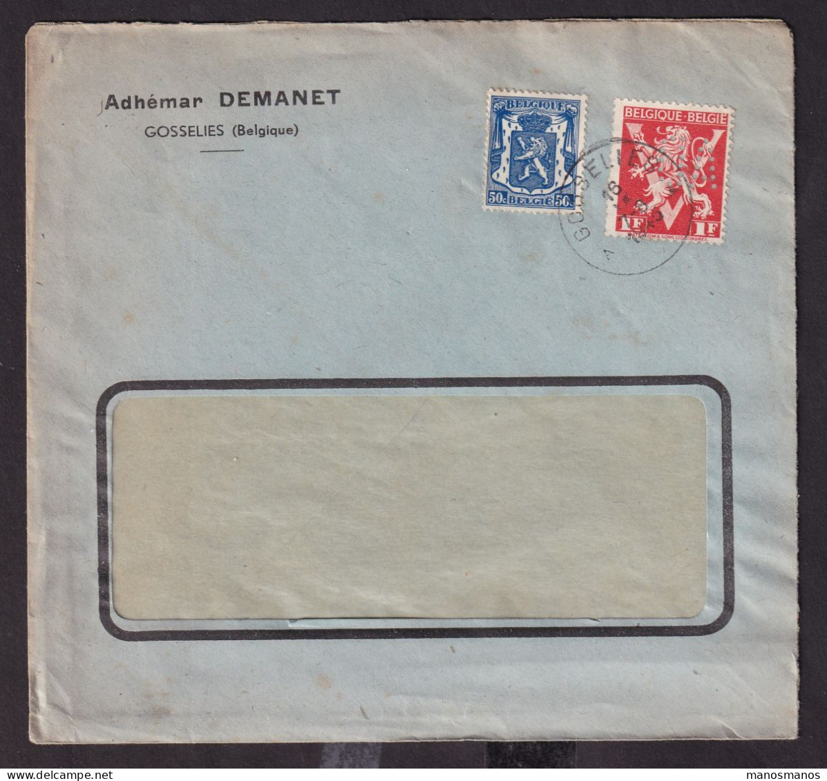 490/39 -- PERFINS/PERFORES - TP Lion V Perforé A.D. S/ Enveloppe Adhémar Demanet - GOSSELIES 1945 - 1934-51