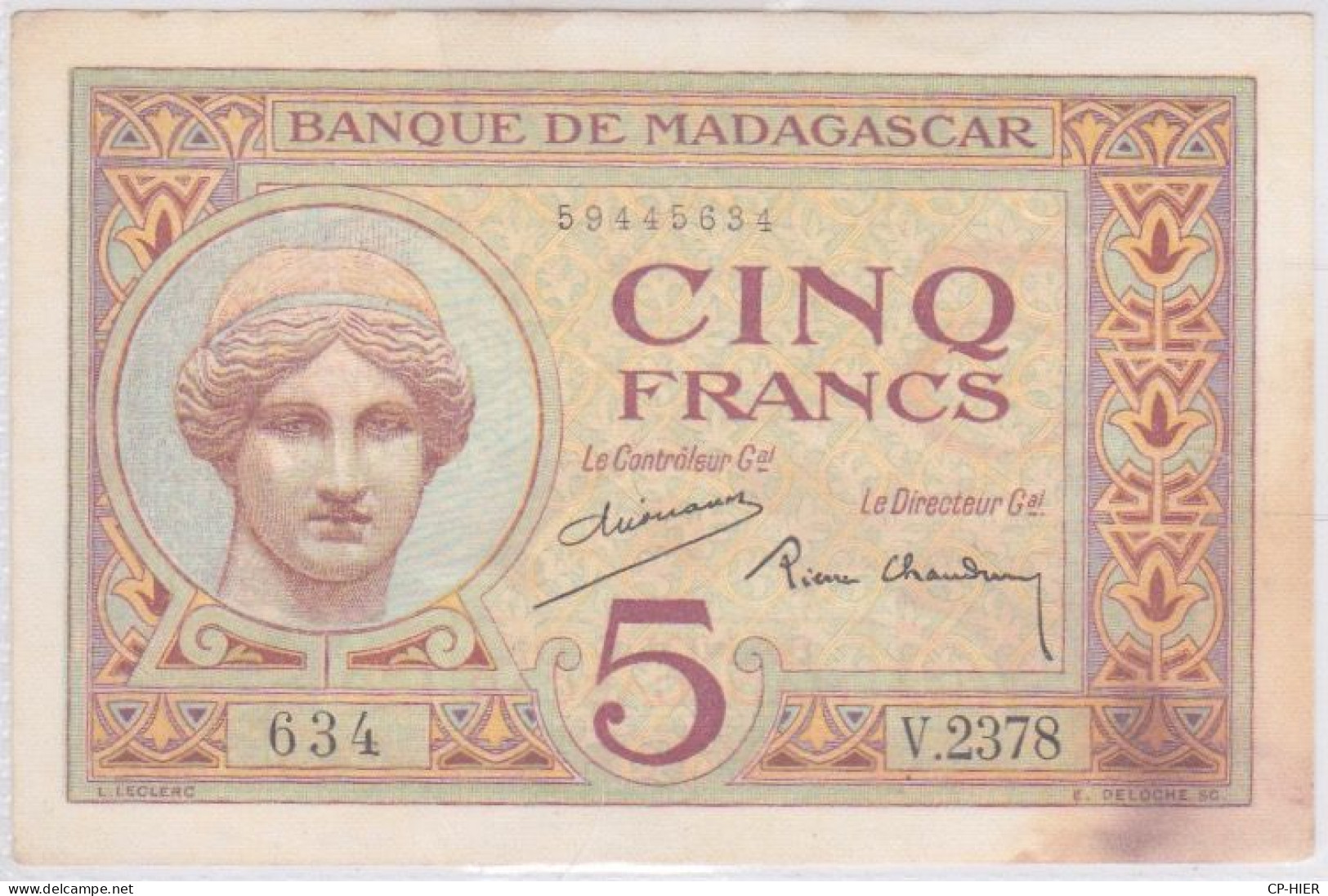 BILLET DE LA BANQUE DE MADAGASCAR - 5 Francs Type 1926 - Madagascar